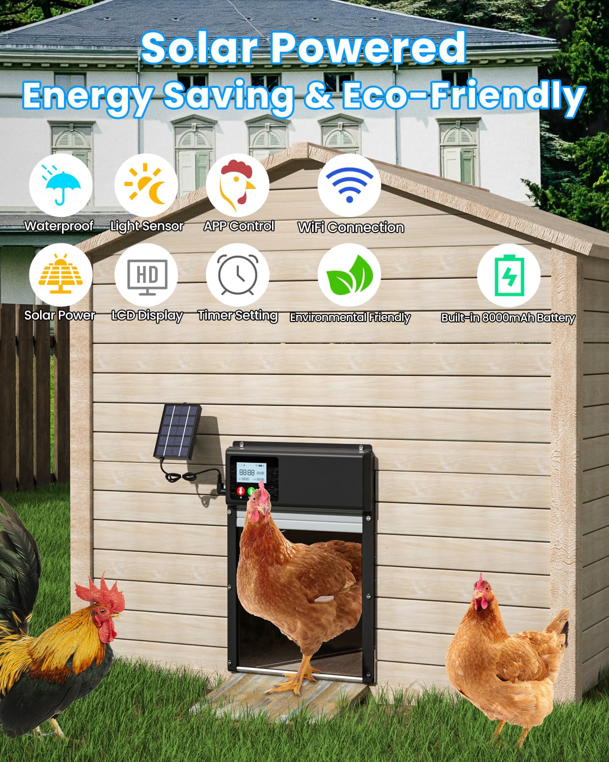 Solar Powered 3-in-1 Automatic Chicken Coop Door with WiFi Remote Control, LCD Display, Timer & Light Sensor - Aluminum Anti-Pinch Electric Poultry Door for Backyard Chicken Coops, Farms & Poultry Houses