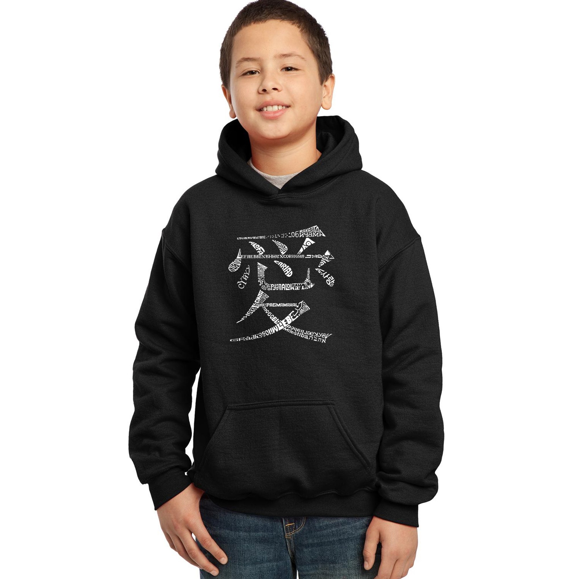 LA POP ART Boys' Word Art Hooded Sweatshirt - 'Love' in 44 Languages - Trendy Unisex Pullover for Teens, Streetwear Fashion, Gifts for Language Lovers