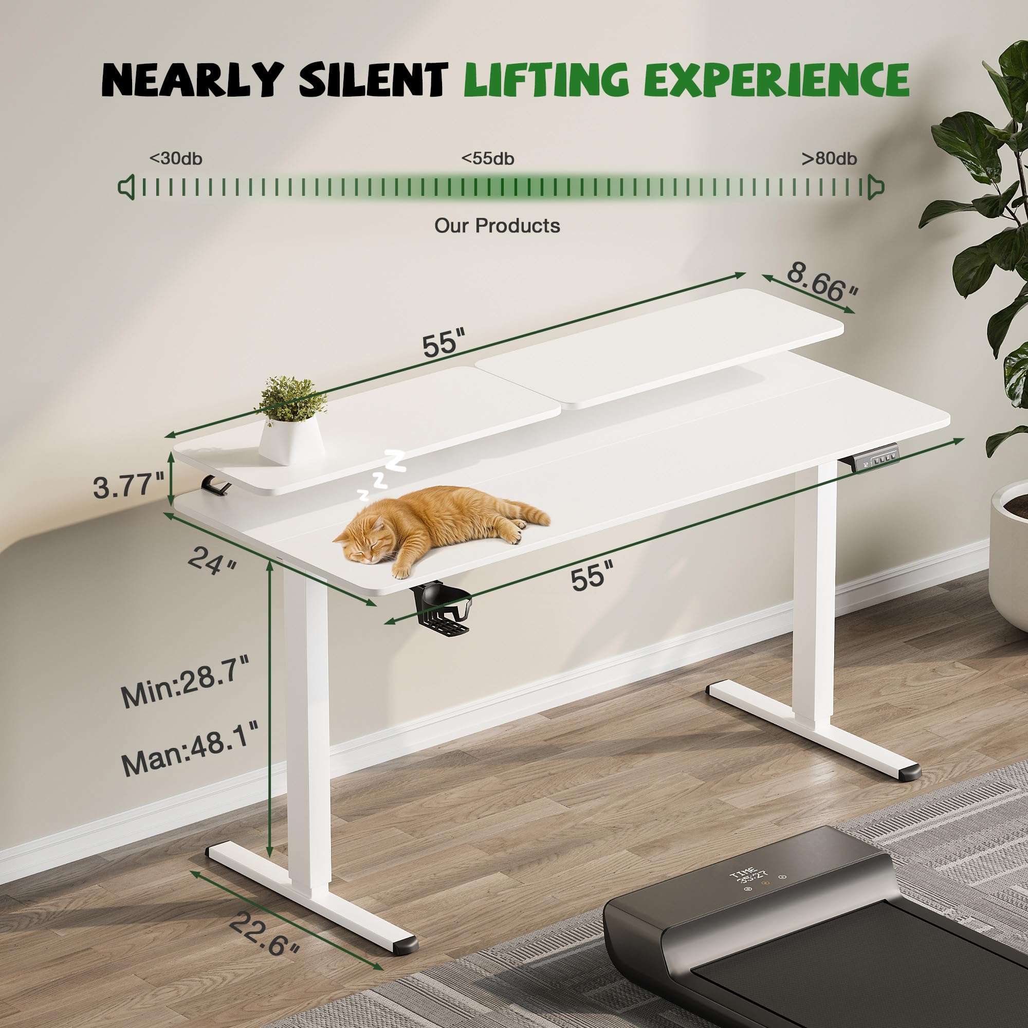 Furmax 55 x 24 Inches Electric Height Adjustable Standing Desk with Monitor & Laptop Workstation - Sit Stand Up Computer Desk with Cable Management Holes, Cup Holder & Hook, White - Perfect for Home Office, Gaming Setup & Remote Work
