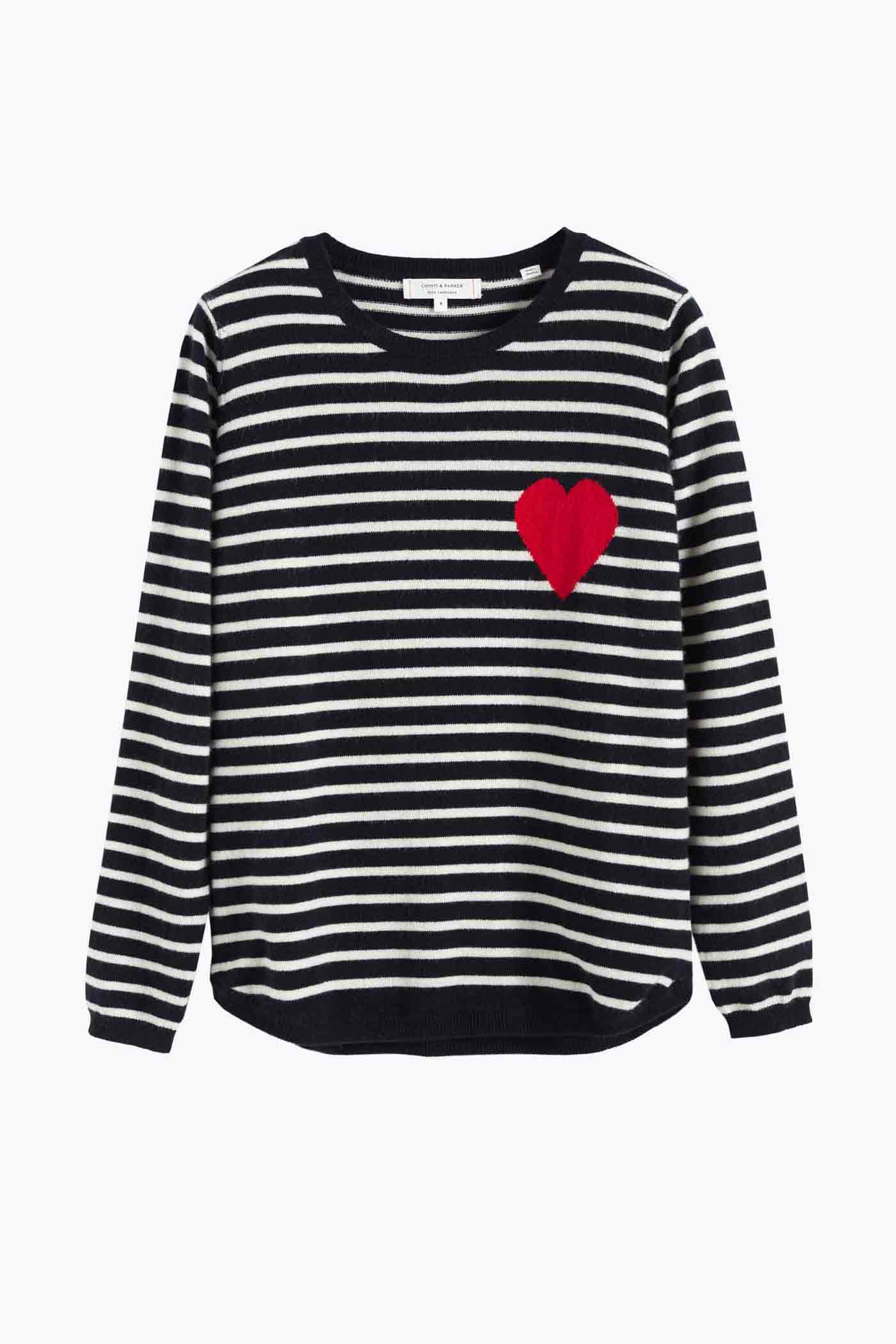 Navy Blue Wool Cashmere Sweater Women's Breton Heart Knit Pullover - Cozy Winter Fashion for Office & Date Night