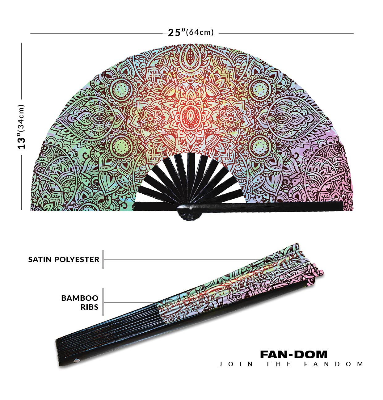 Foldable UV Glow Hand Fan - Handmade Colorful Holographic Psychedelic Henna Tattoo Art Design | Iridescent Large Rave Fan for Trippy Parties, Festivals & Henna Events | UV Reactive & Portable (Style 3)