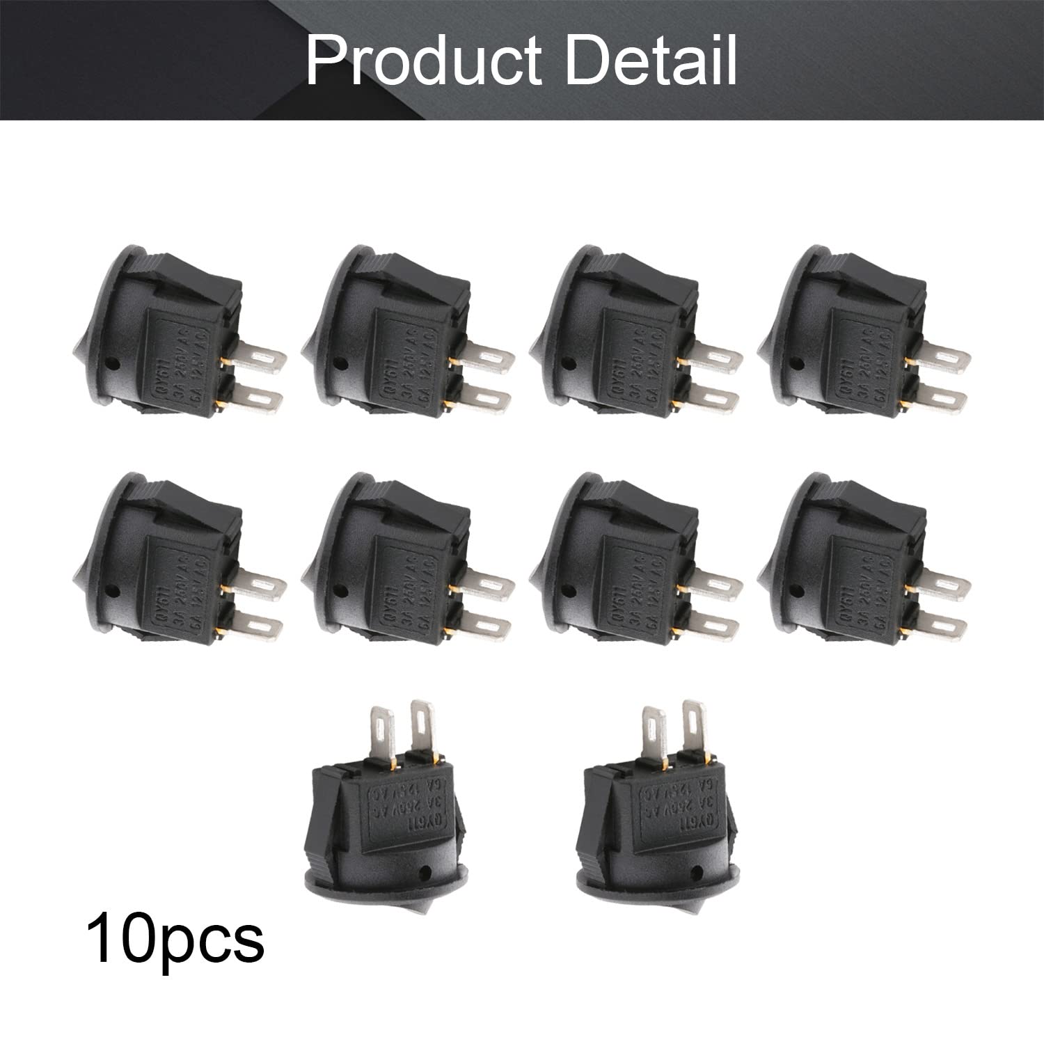 Fielect 10Pcs SPST 2 Position On/Off Round Rocker Toggle Switch - 2 Terminal, AC 125V/6A 250V/3A, Black Boat Switch for Marine, Automotive & Industrial Applications