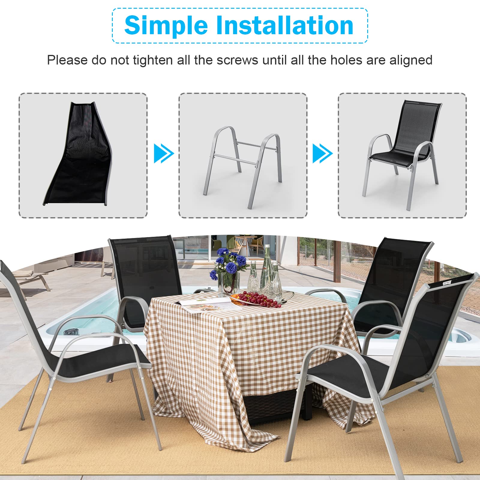Tangkula 4-Piece Stackable Outdoor Dining Chairs Set - Heavy Duty Steel Frame Patio Armchairs for Backyard, Lawn & Poolside - Weather Resistant Gray Outdoor Furniture (Perfect for BBQs, Garden Parties & Pool Relaxation)