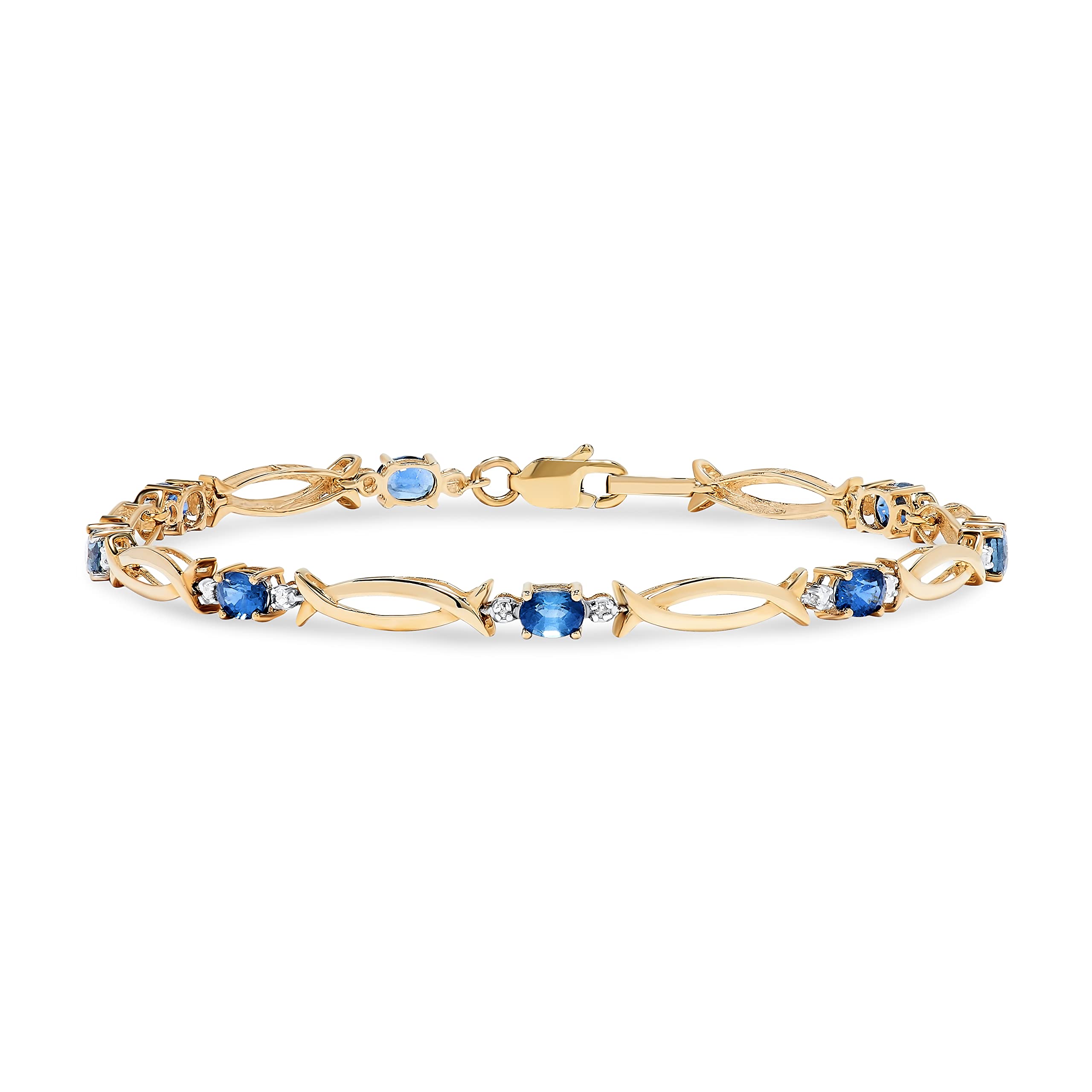 10k Yellow Gold Genuine Oval Blue Sapphire & Diamond Infinity Link Tennis Bracelet for Women - April & September Birthstone Jewelry - 7 Inch Adjustable Length - Perfect for Weddings, Anniversaries & Special Occasions