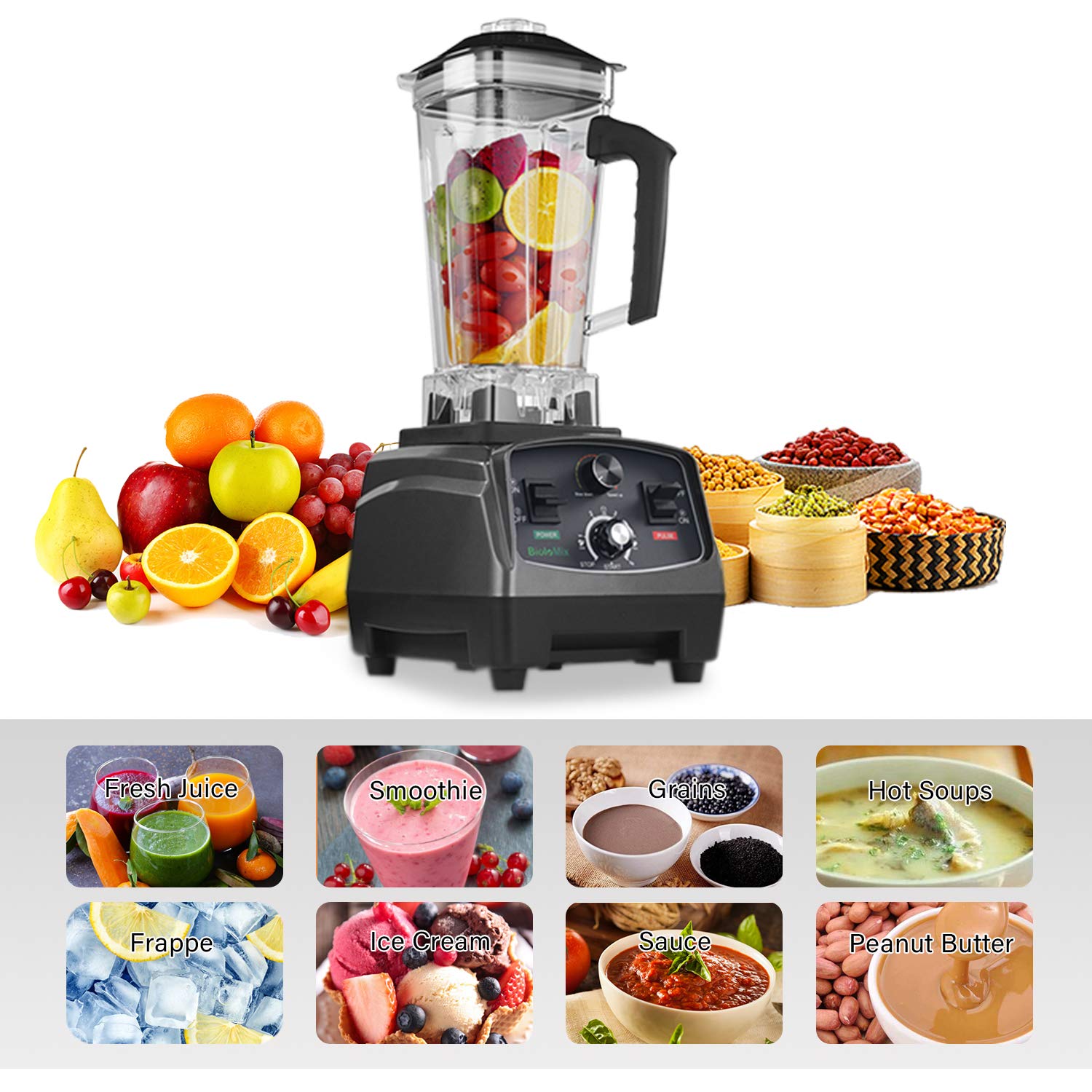 BioloMix 2200W Professional Countertop Blender - High Power Commercial & Home Blender with Timer for Smoothies, Ice Crushing, Frozen Fruits, Soup Making - Perfect for Kitchens, Restaurants & Smoothie Bars