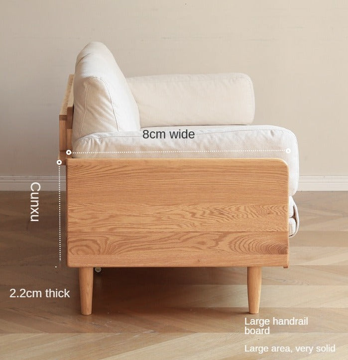Oak Solid Wood Sofa Bed with Folding White Goose Feather Cushions - Convertible Sleeper for Small Spaces & Guest Rooms