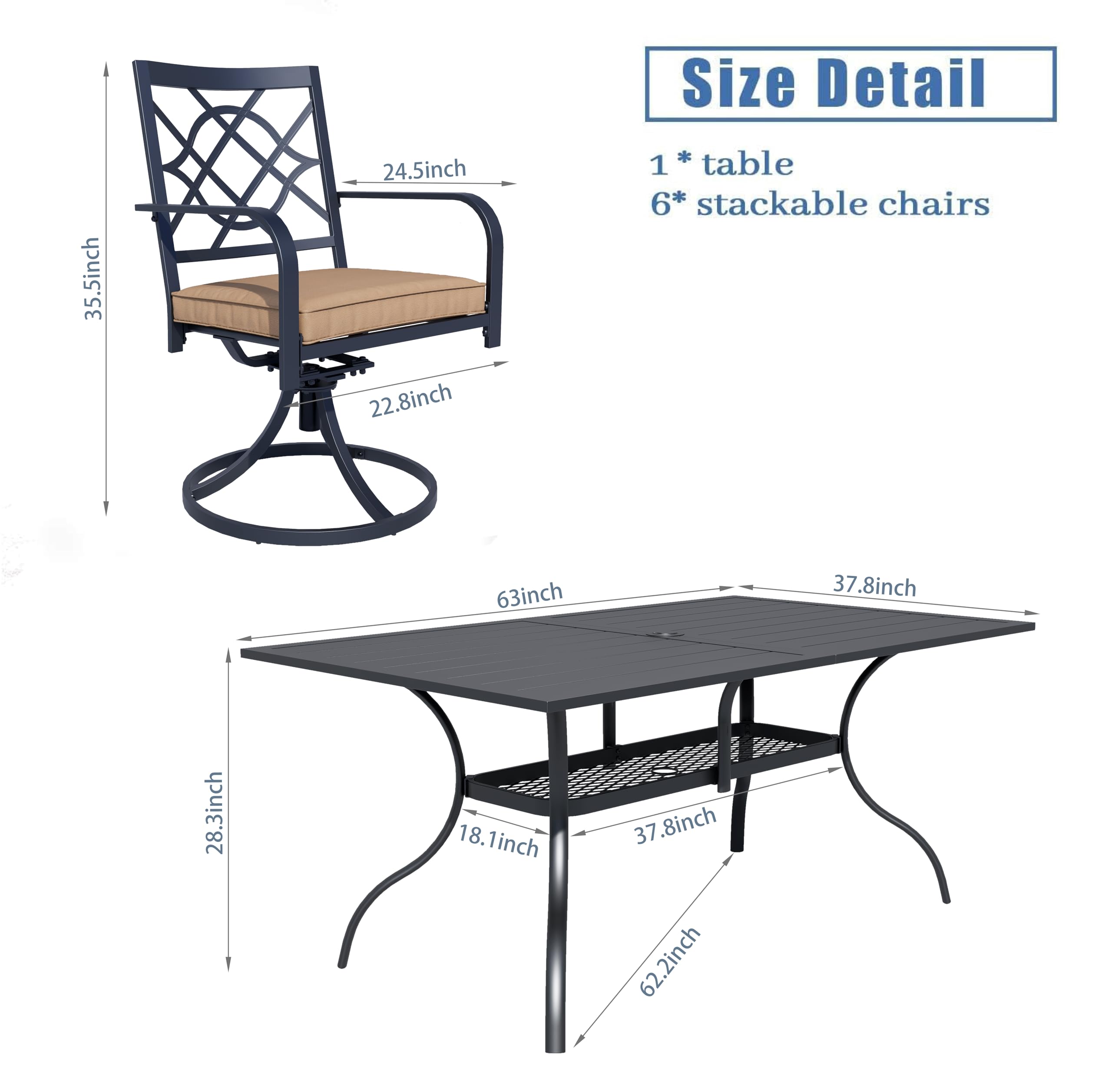 SOLAURA 7-Piece Outdoor Patio Dining Set - 6-Person Metal Swivel Chairs with Slat Table Top & 1.57