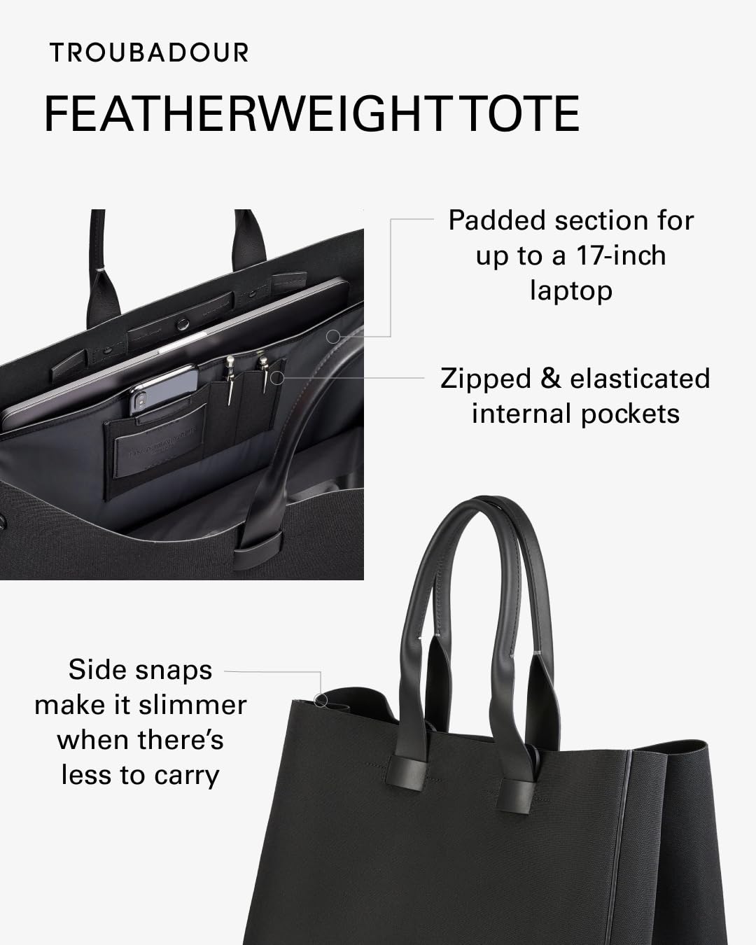 Troubadour Featherweight Vegan Tote Bag - Lightweight Waterproof Laptop Bag for Women & Men - Business Travel & Everyday Use - Spacious Minimalist Work Bag with Padded Laptop Sleeve (Black) - Perfect for Office, Commute & Weekend Getaways