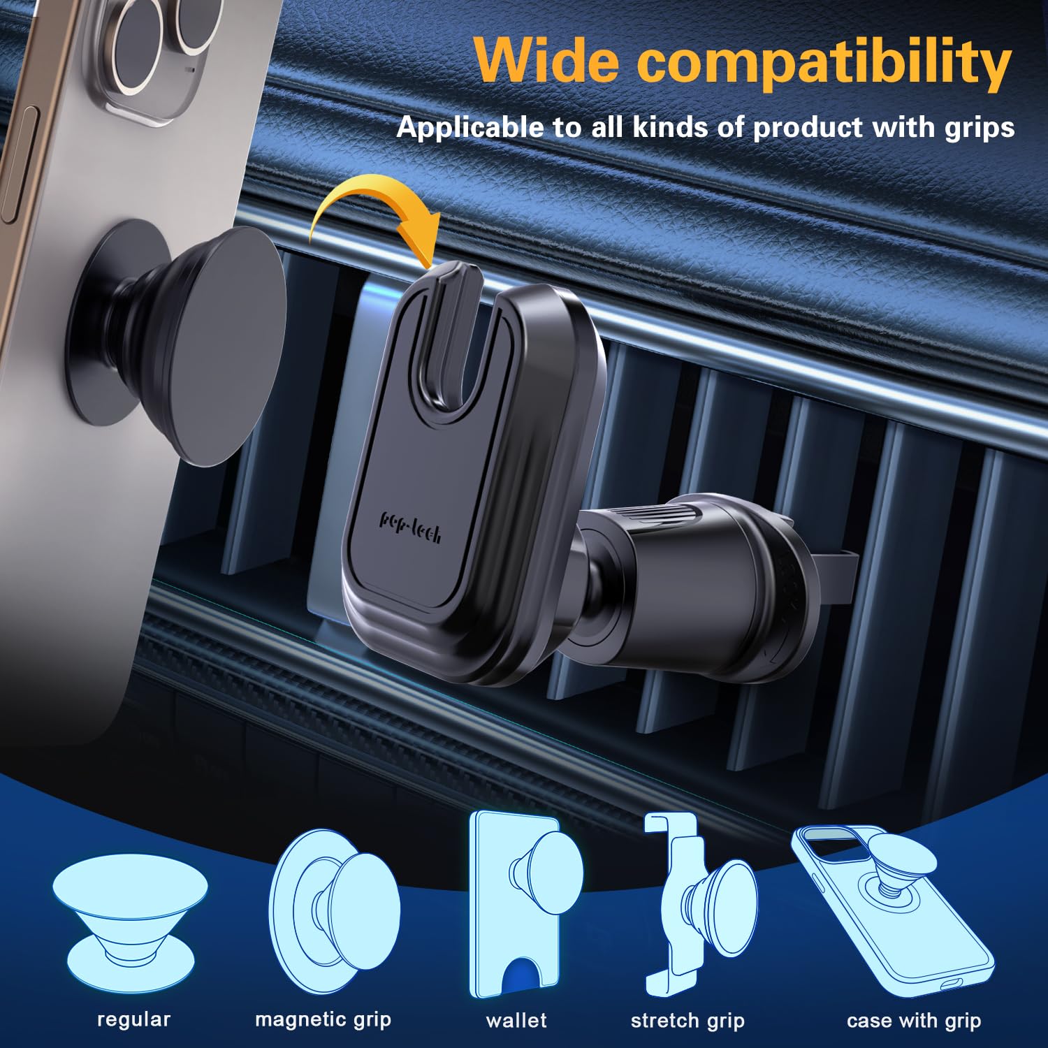 Pop-Tech Car Vent Phone Mount - Universal Air Vent Clip Holder for MagSafe Wallet, iPhone & Samsung - Sticky Adhesive Phone Stand for Hands-Free Driving & Navigation