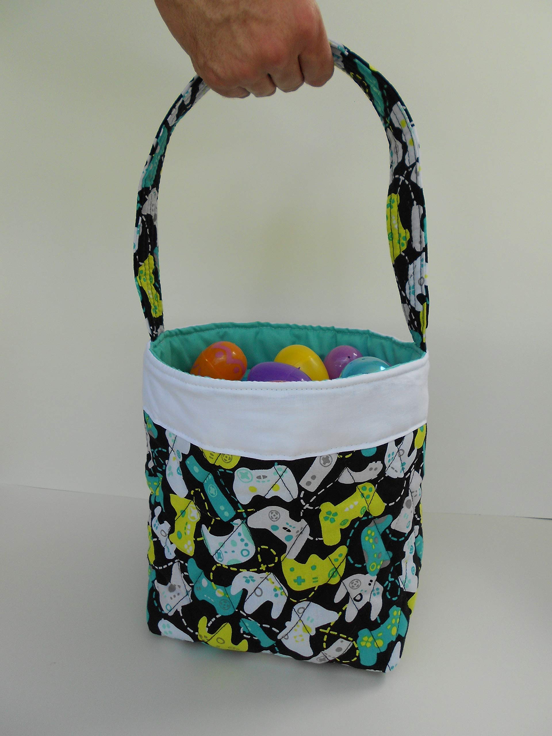 Quilted Easter Basket with Video Game Controller Print - Perfect for Easter Egg Hunts, Gifts & Gaming Themed Decorations
