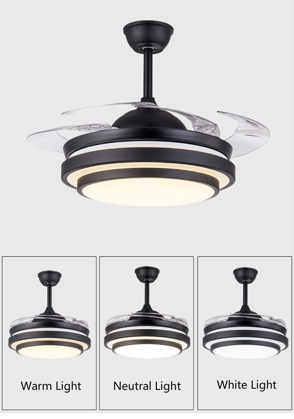 42 Inch Retractable Ceiling Fan with LED Light and Remote Control - 4 Clear ABS Blades - Modern Chandelier Style for Living Room, Dining Room & Bedroom - Energy Efficient Indoor Ceiling Fan Light Combo (Black) - Perfect for Home Cooling and Stylish Lighting