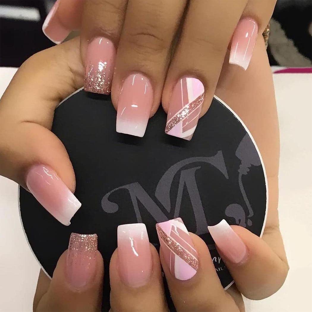 2022 Glossy French Press on Nails - Medium Square Fake Nails with Glitter Sequins & Ombre Pink Design | Full Cover Cute False Nails for DIY Nail Art, Salon & Women's Manicure | Perfect for Parties, Weddings & Daily Wear (Ombre)