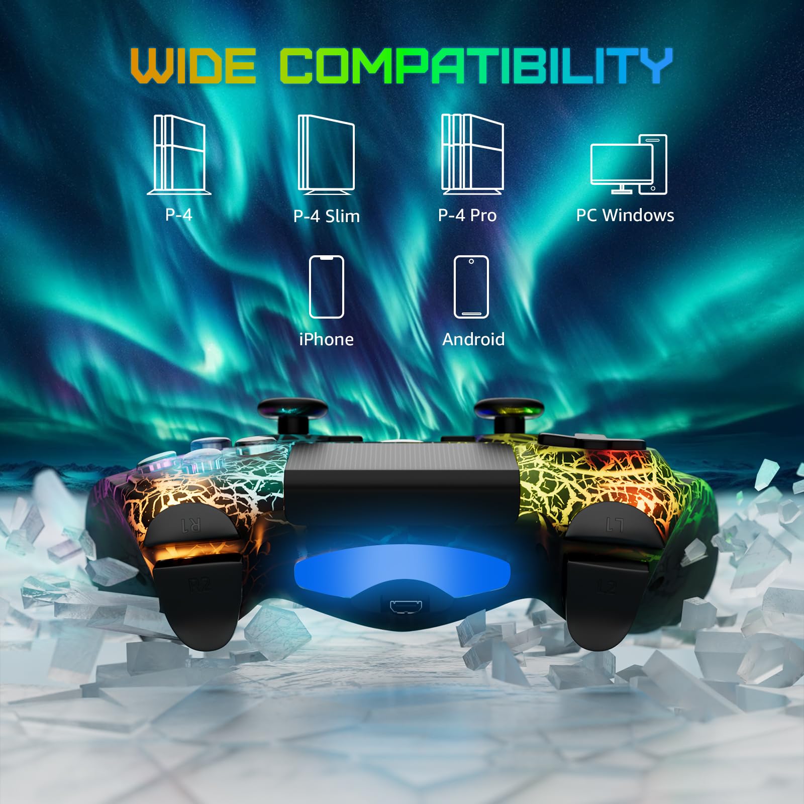 Wireless PS4 Controller for PlayStation 4/Pro/Slim - Adjustable RGB Lighting, 1000mAh Battery, 6-Axis Motion Sensor, Dual Vibration, 3.5mm Audio Jack - Black | Perfect for Gaming, Streaming & Long Play Sessions