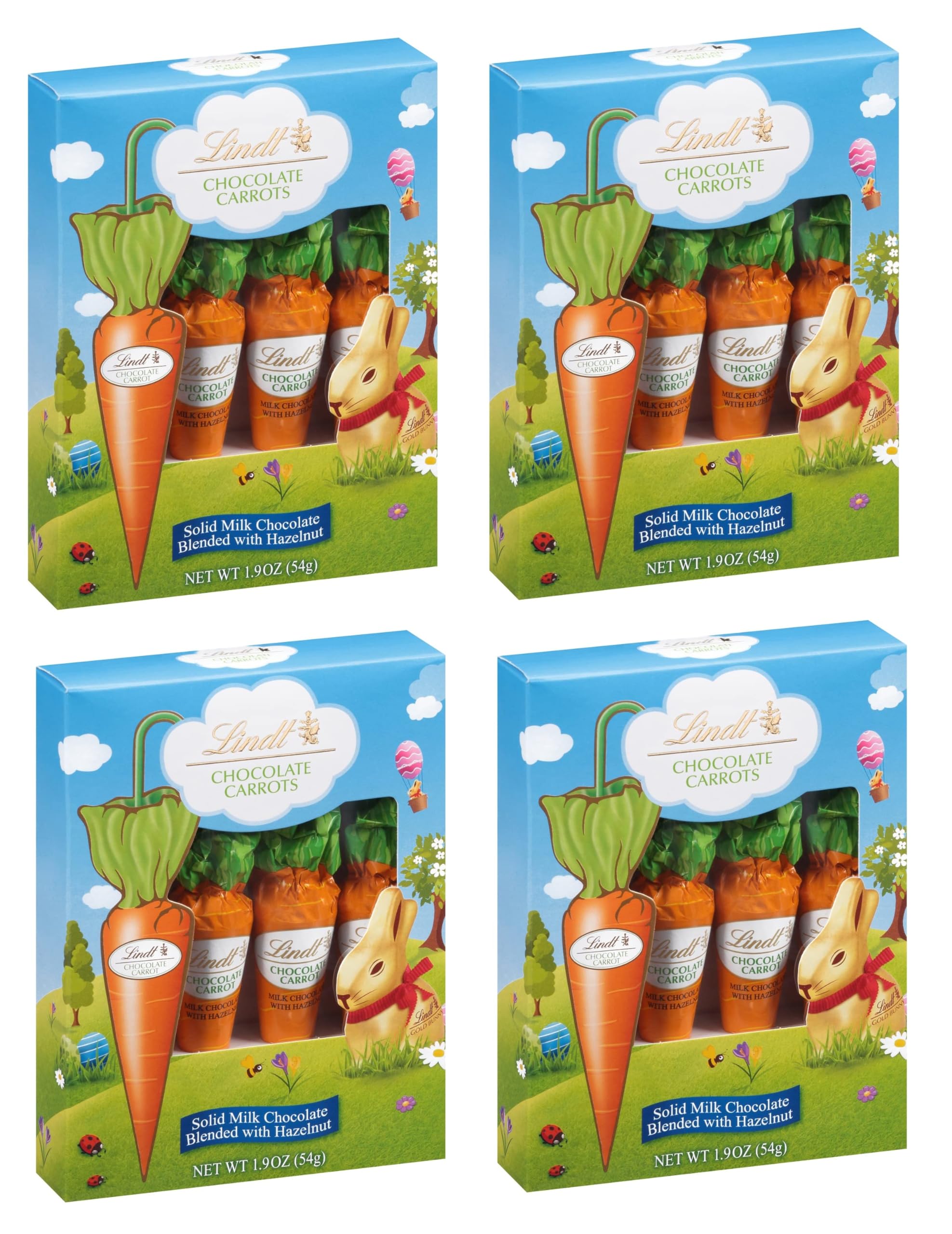 Lindt Chocolate Carrots - 4-Pack Solid Milk Chocolate Easter Treats with Hazelnut - Bunny-Shaped Smiling Sweets for Easter Baskets, Party Favors & Holiday Gifting - Delicious Snack for Kids & Adults