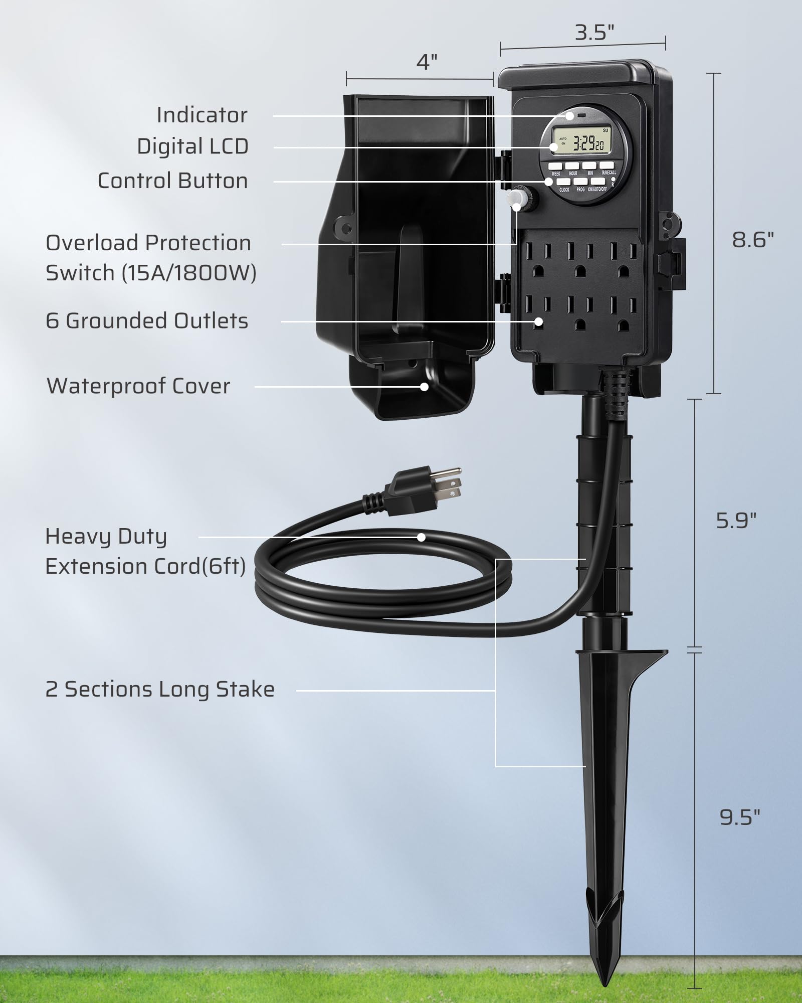DEWENWILS Outdoor Digital Power Strip Timer - Waterproof 6 Outlet Multi Socket with 6ft Cord, 15A Heavy Duty Garden Power Stake for Yard & Landscape Lighting | Perfect for Patio Lights, Holiday Decorations & Outdoor Electrical Devices