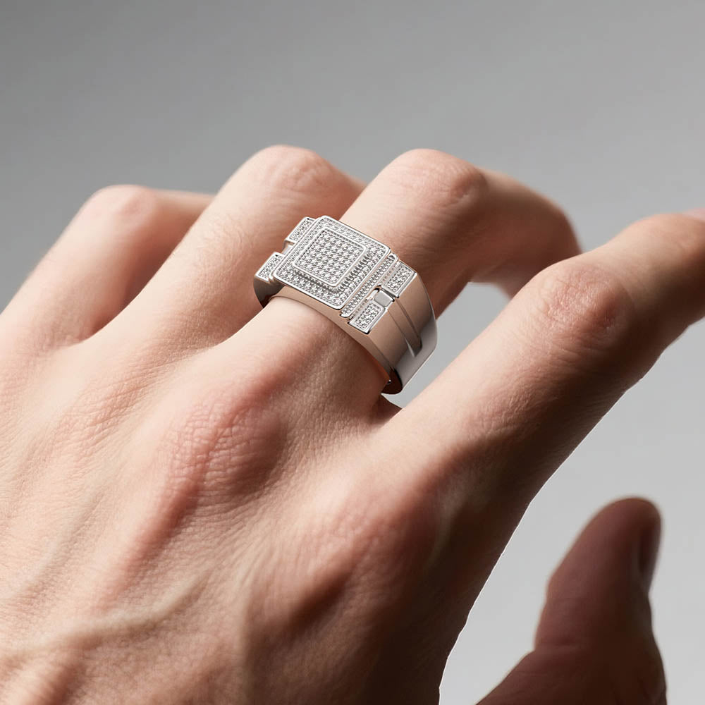12mm Moissanite Micro Pave Square Stepped Men's Wedding Band - Durable & Elegant Tungsten Ring for Grooms, Engagements & Anniversaries - Perfect for Everyday Wear & Special Occasions