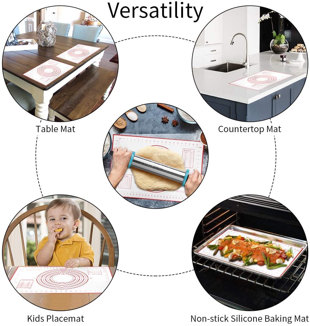 Non-Slip Silicone Pastry Mat - Thick Non-Stick Baking Mat for Rolling Dough, Pie Crust, Pizza & Cookies - Easy Clean Kneading Mat - Perfect for Home Bakers & Professional Chefs