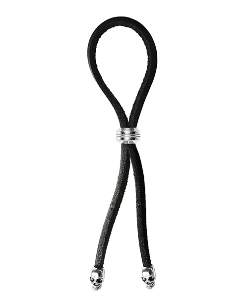 Premium Leather Bolo Cock Ring with Adjustable Bead Slider & Skull Tips - Black/Silver - Enhance Intimacy & Comfort for Couples