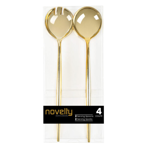 Gold Serving Spoon & Spork Set - 4 Pack Utensils for Parties, Picnics, Camping & Outdoor Dining - Elegant Novelty Cutlery Collection