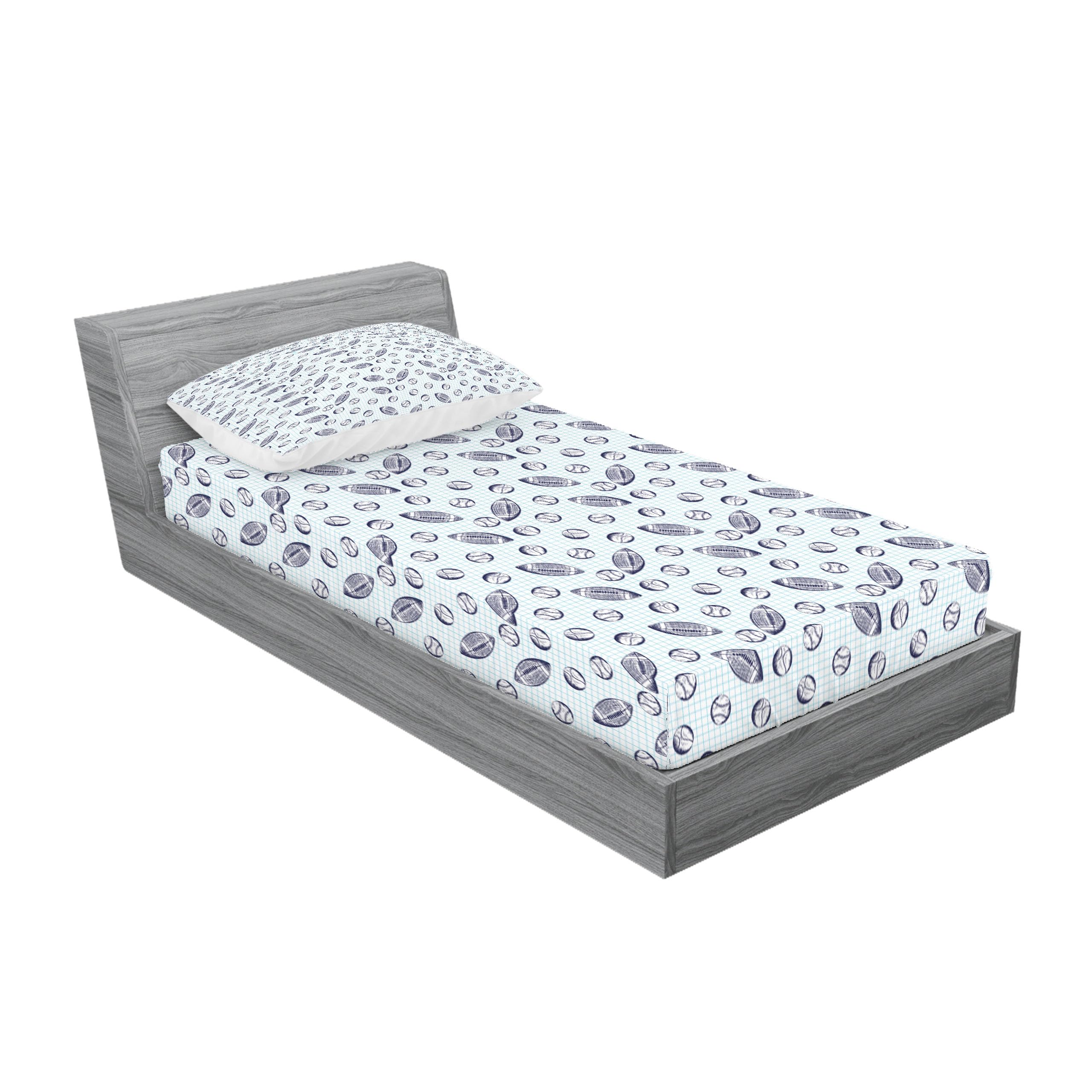 Ambesonne Baseball Fitted Sheet & Pillow Sham Set - Pigskin & Baseballs Checkered Design Twin Size Bedding - Indigo & Pale Blue 2-Piece Decor Set for Sports Fans Bedroom
