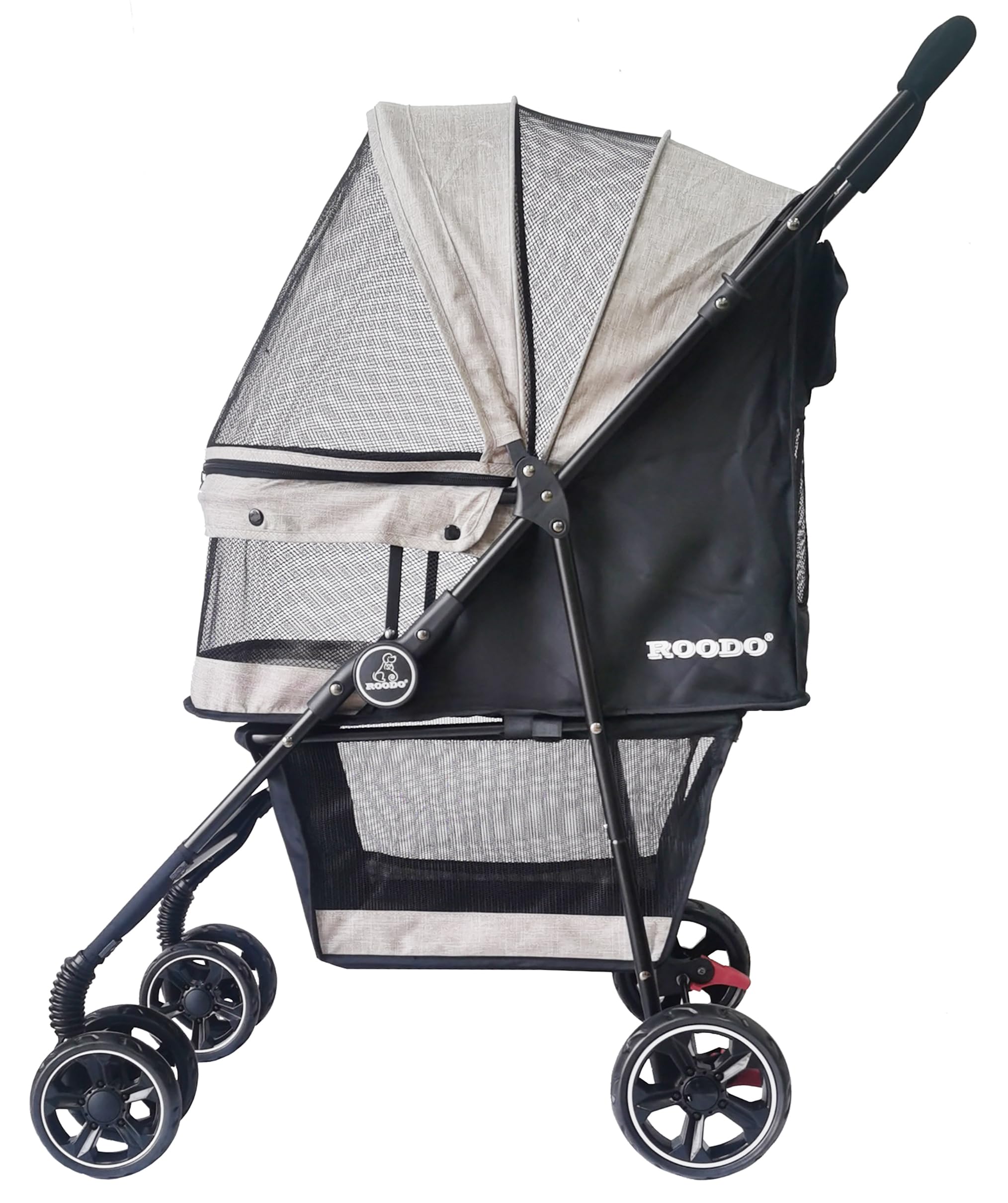 ROODO 4 Wheel All-Terrain Pet Stroller - Lightweight Foldable Compact Travel Jogger for Small/Medium Dogs & Cats up to 30lbs (Light Khaki) | Perfect for Outdoor Walks, Shopping Trips & Vet Visits
