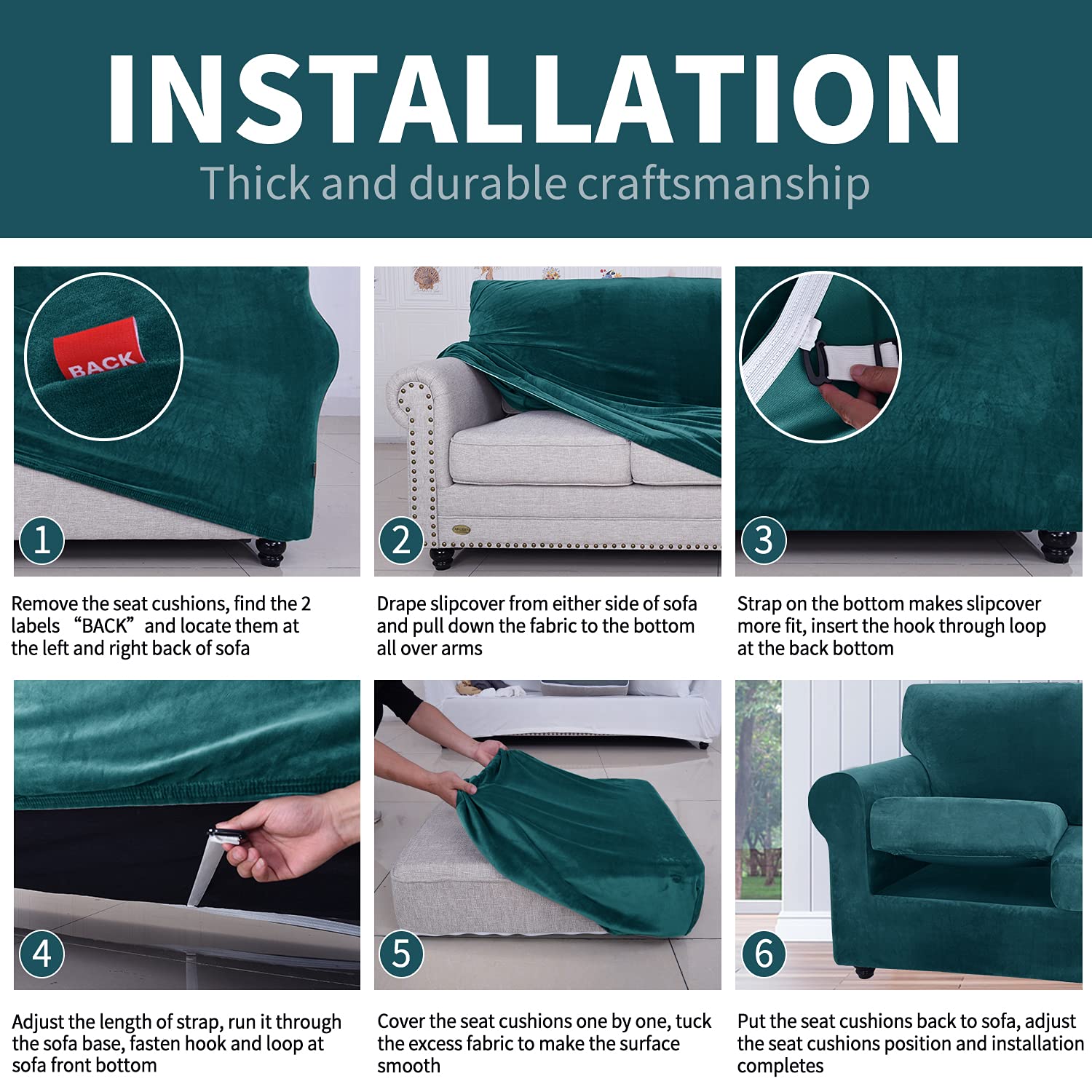 Velvet Plush 3-Piece Stretch Sofa Slipcover Set - Super Soft Anti-Slip Spandex Couch Cover for 2-Cushion Loveseat, Furniture Protector for Pets & Living Room (Loveseat, Blackish Green) - Perfect for Home Decor, Pet Owners & Cozy Family Gatherings