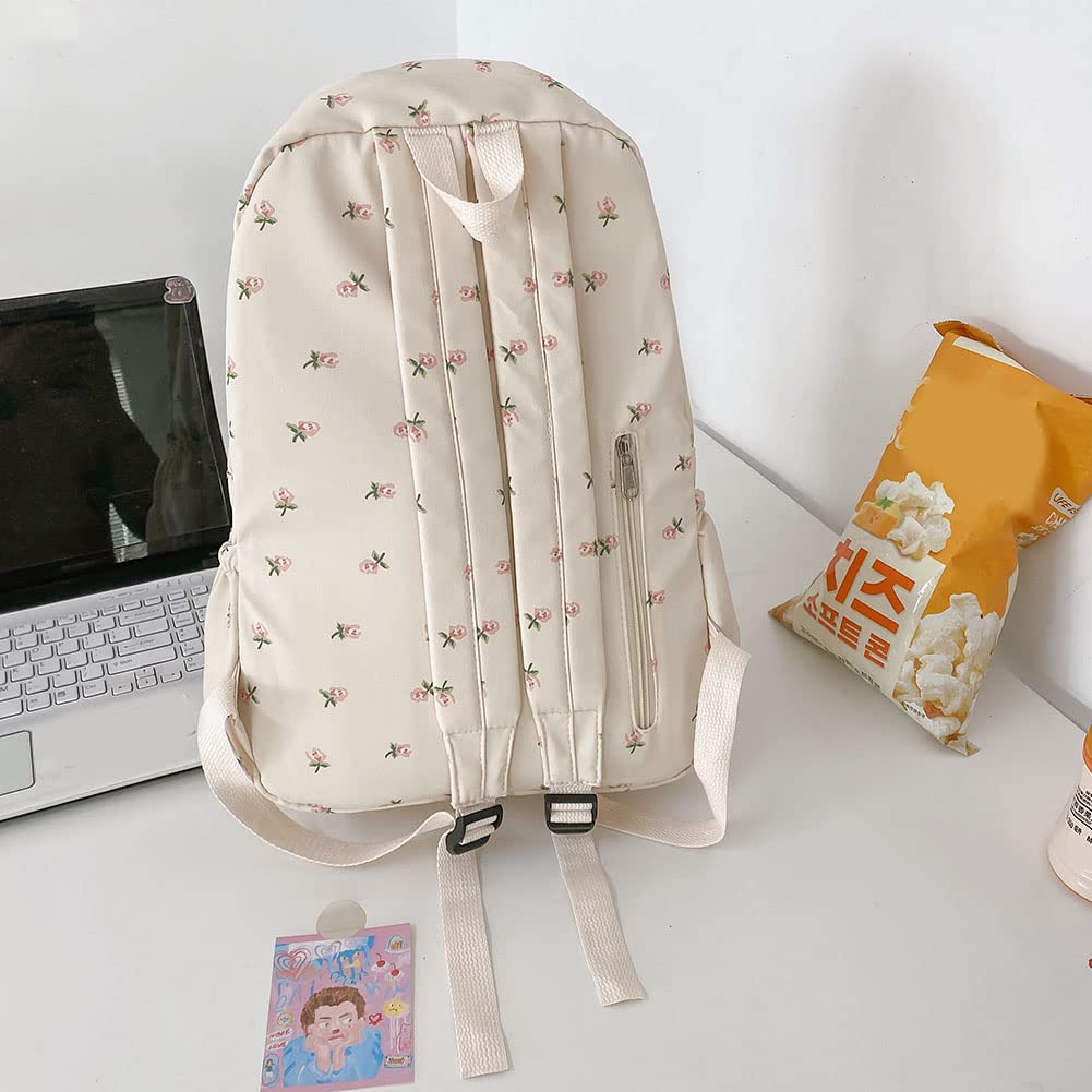 Cute Floral Print Aesthetic Backpack for Women - Large Capacity Kawaii Backpack with Plush Pendant - Stylish Travel Backpack for School, Work & Casual Outings