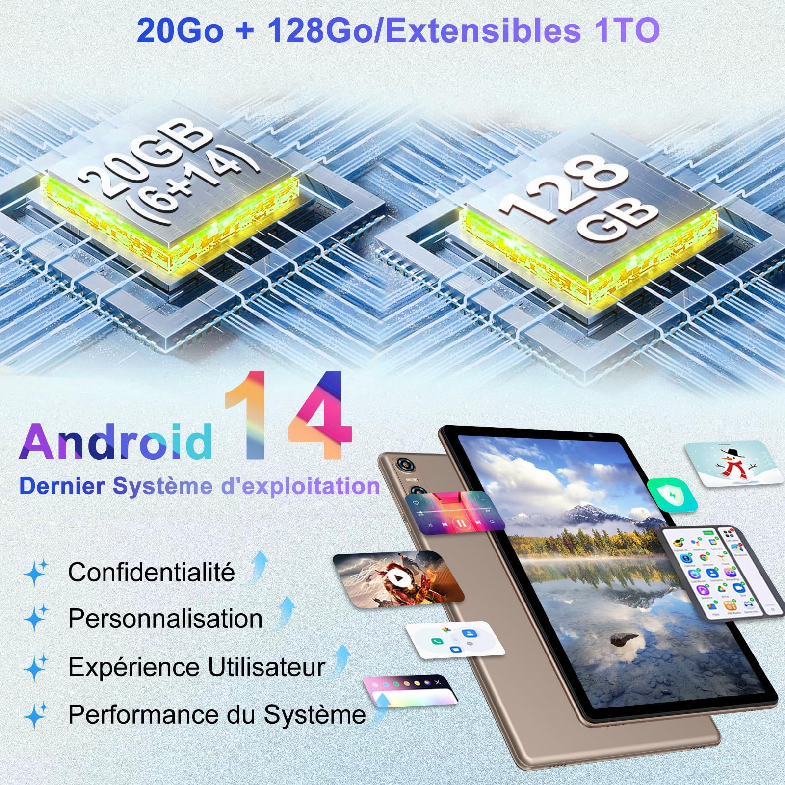 Biegedy 10 Inch Android 14 Tablet - 20GB RAM 128GB ROM (1TB Expandable) Octa-Core Processor, 5G WiFi, 5MP+8MP Dual Camera - 2-in-1 Laptop with Keyboard & Mouse (Gold) for Work, Study & Entertainment