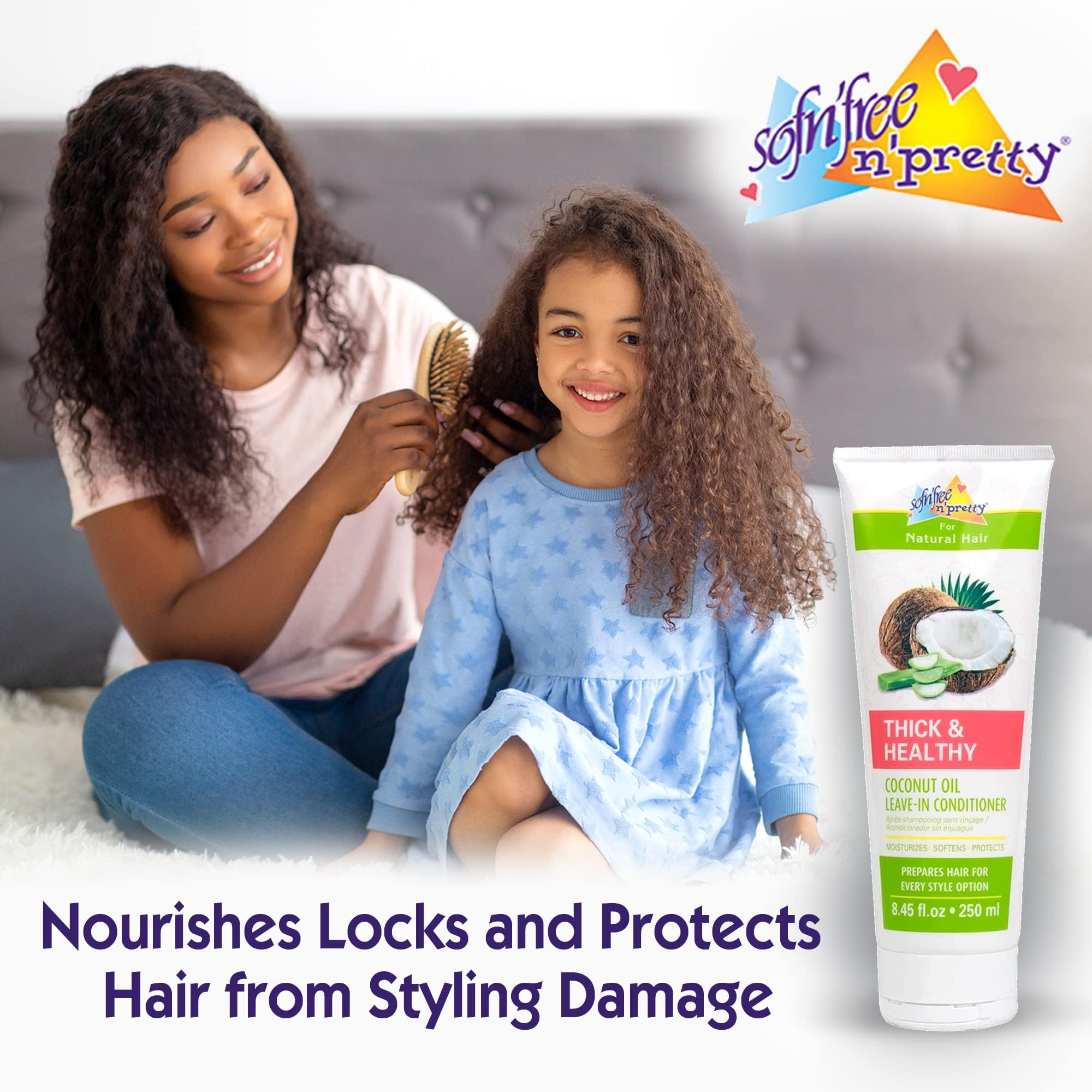Sofn’Free n’Pretty - Thick & Healthy Coconut Oil Leave-in Conditioner for Curly Hair - Moisturizing & Softening Treatment with Coconut & Aloe Vera - Safe for Kids & Adults - 8.45 Fl Oz - Perfect for Daily Hair Care, Frizz Control & Heat Protection