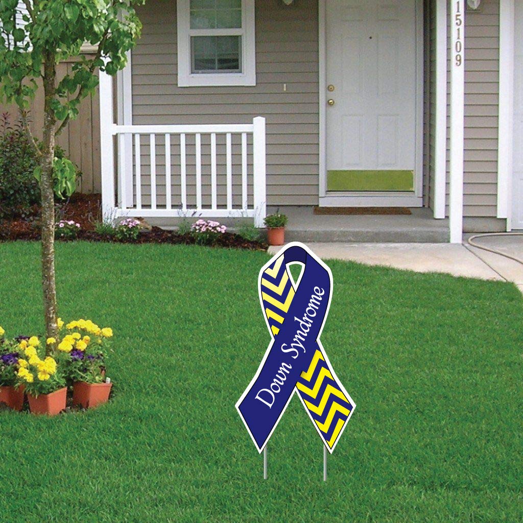 Down Syndrome Awareness Yard Signs - Blue & Yellow Ribbon Decor with Stakes - 12.8