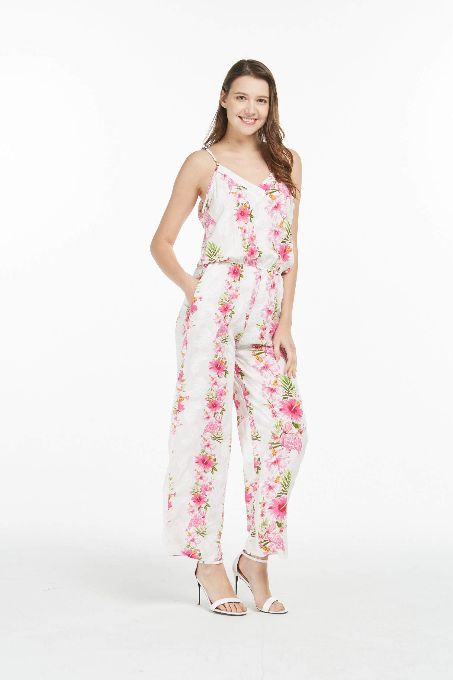 Women's Hawaiian Strap V-Neck Jumpsuit with Pockets - Pink Hibiscus Vine Print - Beach Vacation, Summer Outfit, Casual Wear