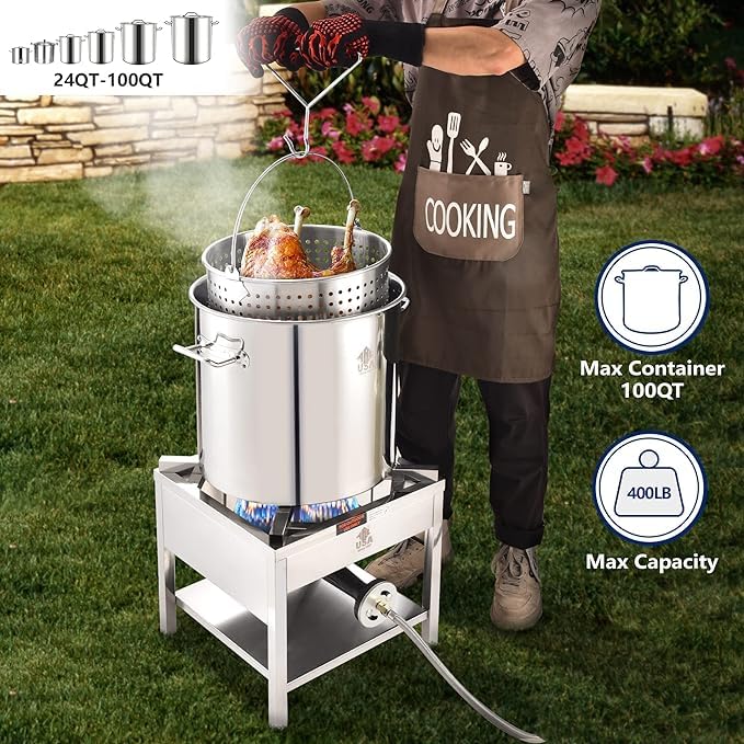 **52QT Stainless Steel Seafood Boiling Kit with 200,000 BTU Propane Burner – Crawfish Boil Pot with Basket & Steamer Rack – Outdoor Cooking, Turkey Fryer, Lobster & Shrimp Boiling for Backyard Parties, Camping & Large Gatherings**