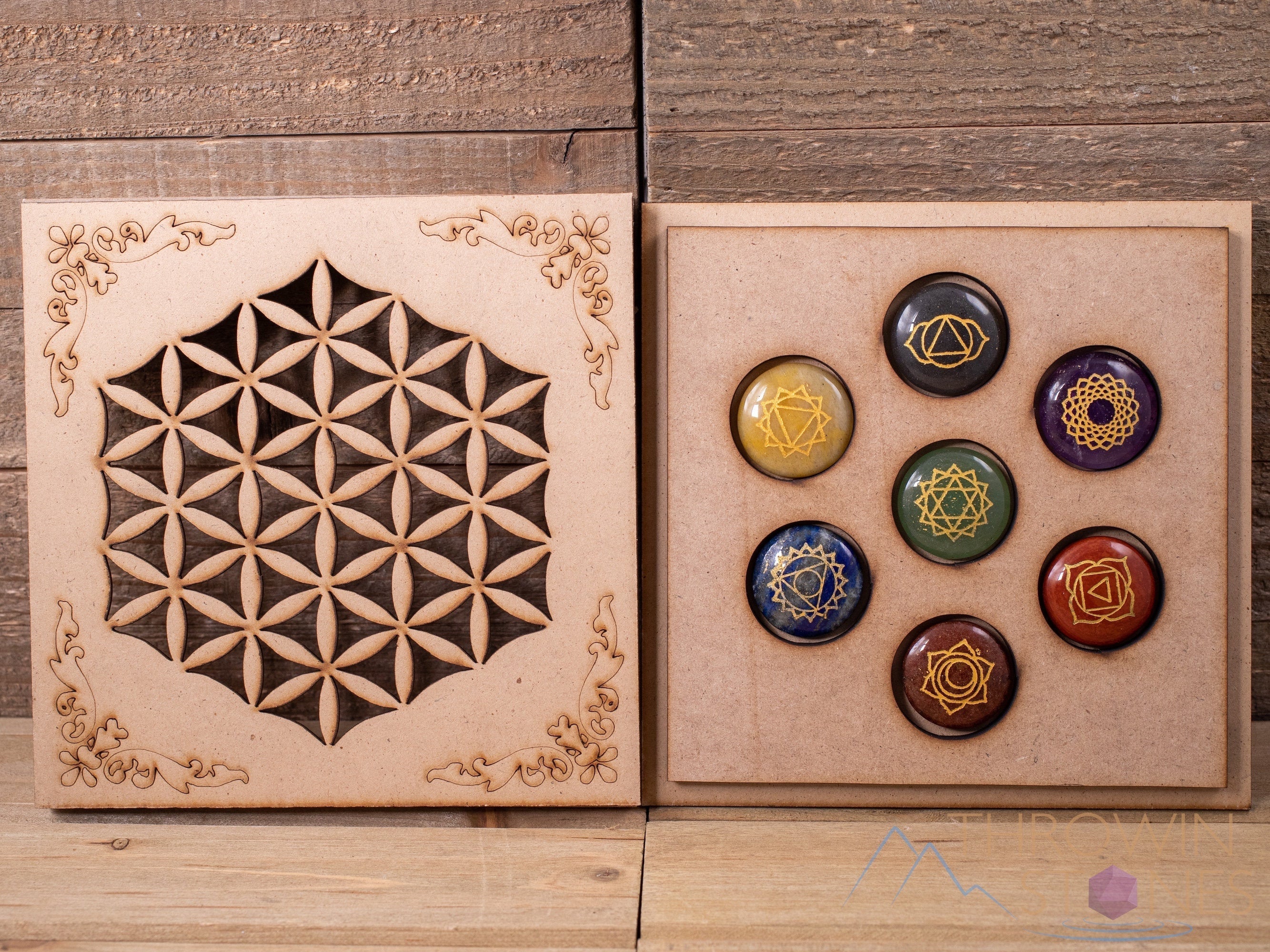 Chakra Healing Crystals Set with Wooden Grid Board - Flower of Life Design for Energy Balancing, Meditation & Spiritual Growth | Beginner Crystal Kit for Self Care, Reiki & Home Decor (E1756)