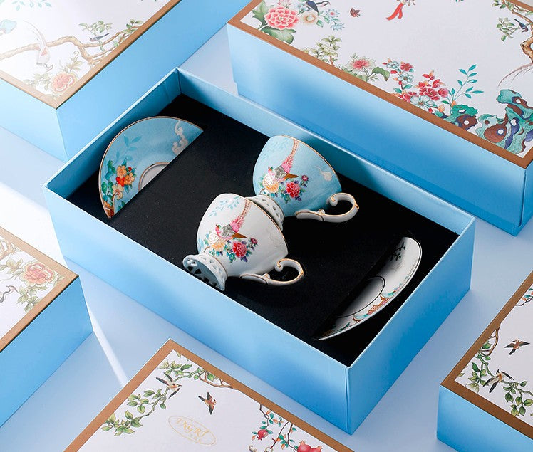 Elegant Oriental Pheasant Ceramic Tea Cup Set - Beautiful Bird Pattern Bone China Porcelain Cups with Saucers in Gift Box - Perfect for Afternoon Tea, Home Decor & Unique Gifts