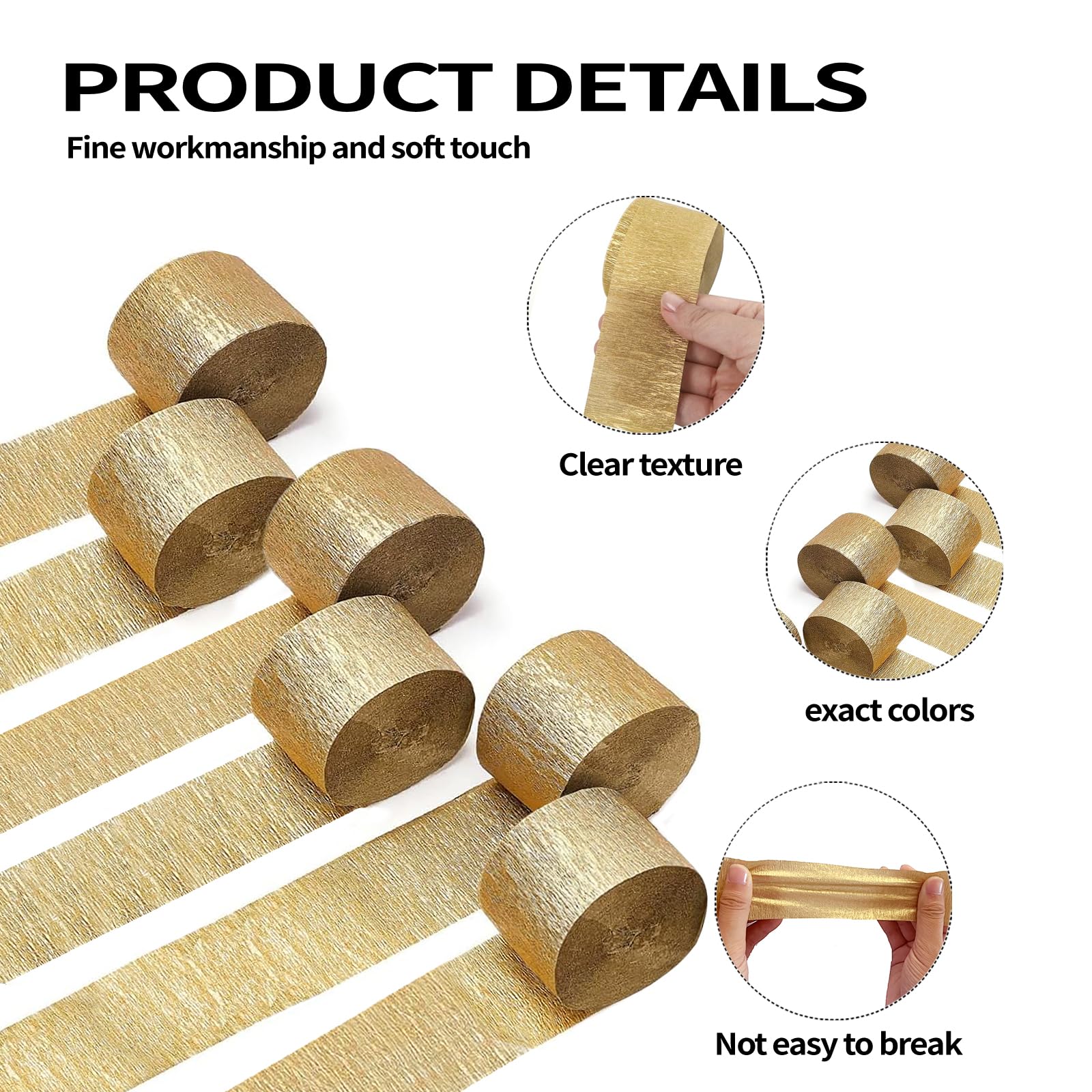 6 Rolls 492ft Crepe Paper Streamers - Golden Party Decorations (1.8