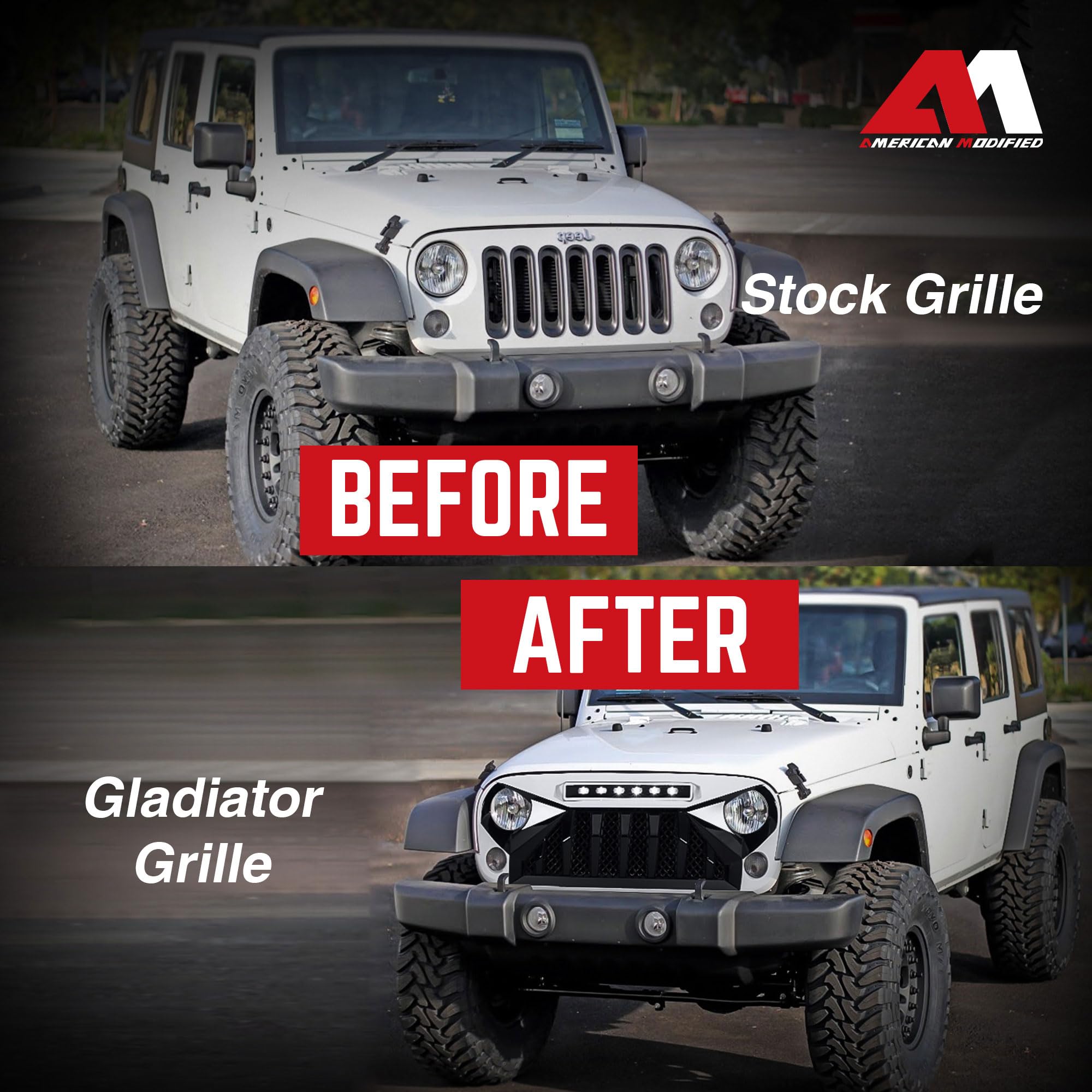 Black & White ABS Plastic Front Gladiator Grille with LED Off-Road Lights for 2007-2018 Jeep Wrangler JK - Durable Aftermarket Replacement for Off-Roading & Adventure