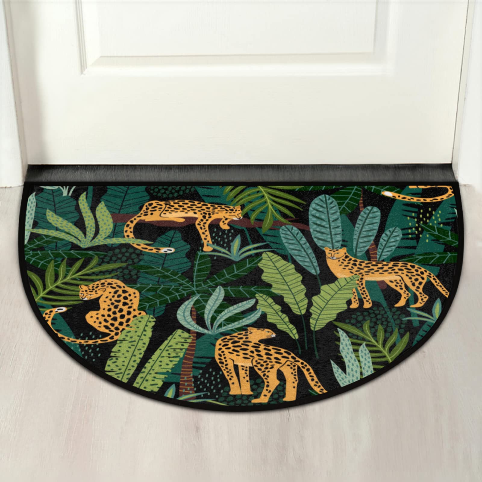 Half Round Rugs - Leopard Print & Green Plants Semicircular Non-Slip Door Mat for Indoor Entryway, Patio & High Traffic Areas - Perfect Welcome Mat for Home, Office & Commercial Spaces
