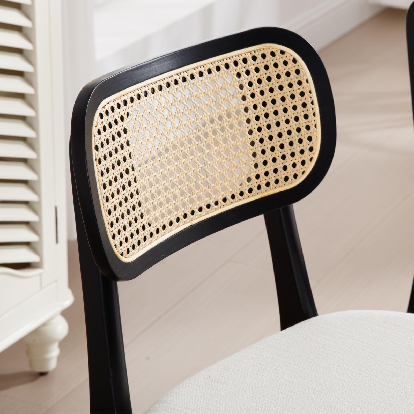 2 Pack Rattan Dining Chairs - Black Linen Upholstered Farmhouse Kitchen Chairs with Natural Wood Frame | Boho Style Side Chairs for Dining Room, Breakfast Nook & Outdoor Patio