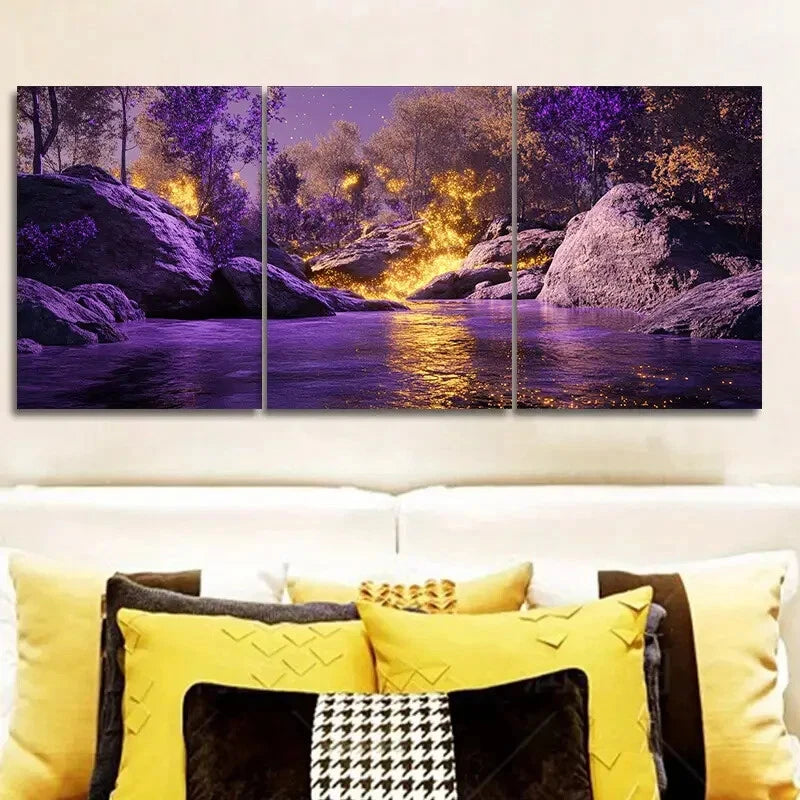 3-Piece Purple and Gold Iridescent Rock Metal Wall Art - Ready to Hang Modern Home Decor for Living Room, Bedroom or Office