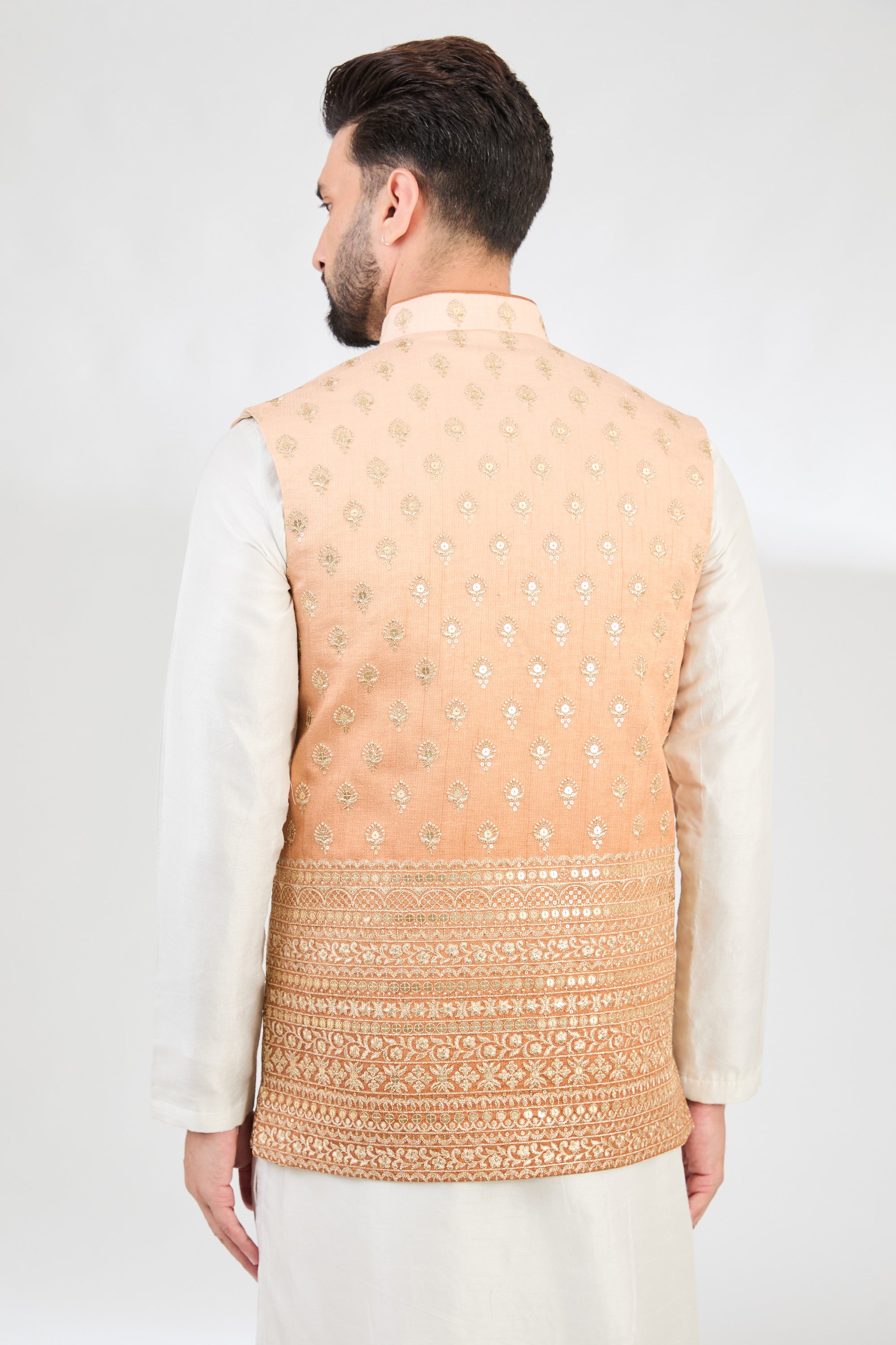 Elegant Ombre Coral Peach Nehru Jacket with Zari Embroidery - Perfect for Festive Occasions, Weddings & Ethnic Fashion