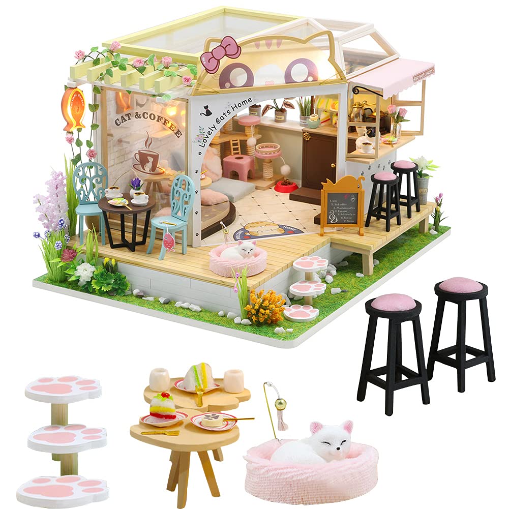 DIY Miniature Cat Cafe Dollhouse Kit - Wooden Pet Coffee Shop Building Model with Furniture, LED Lights & Music Box - Perfect for Birthday Gifts & Home Decor (No Dust Cover) | Creative Play, Collectible Display & Relaxing Hobby Project