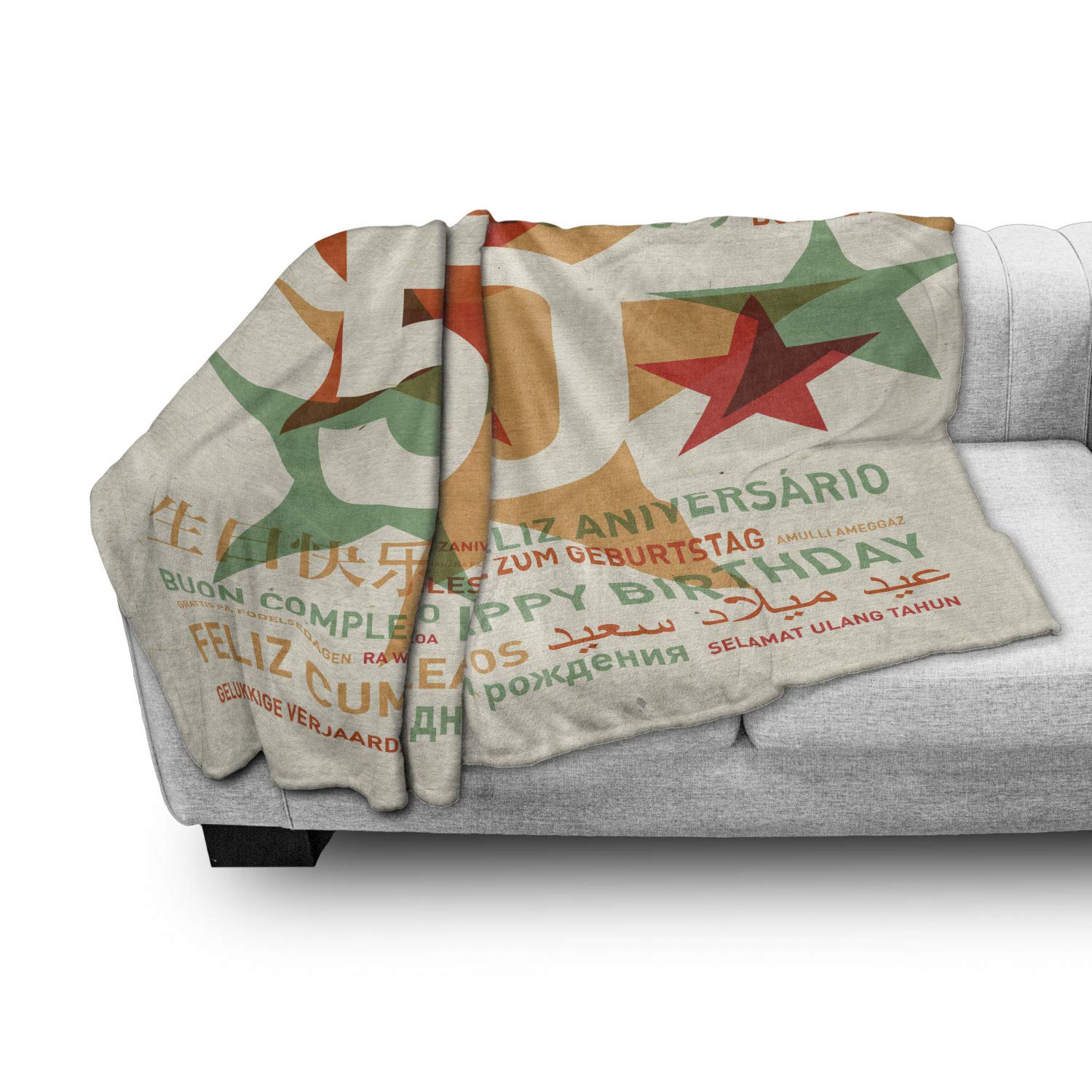 Ambesonne 50th Birthday Throw Blanket - Multilingual Happy Birthday Retro Design with Stars Print | Soft Flannel Fleece Accent Blanket for Couch, Sofa & Bed (50