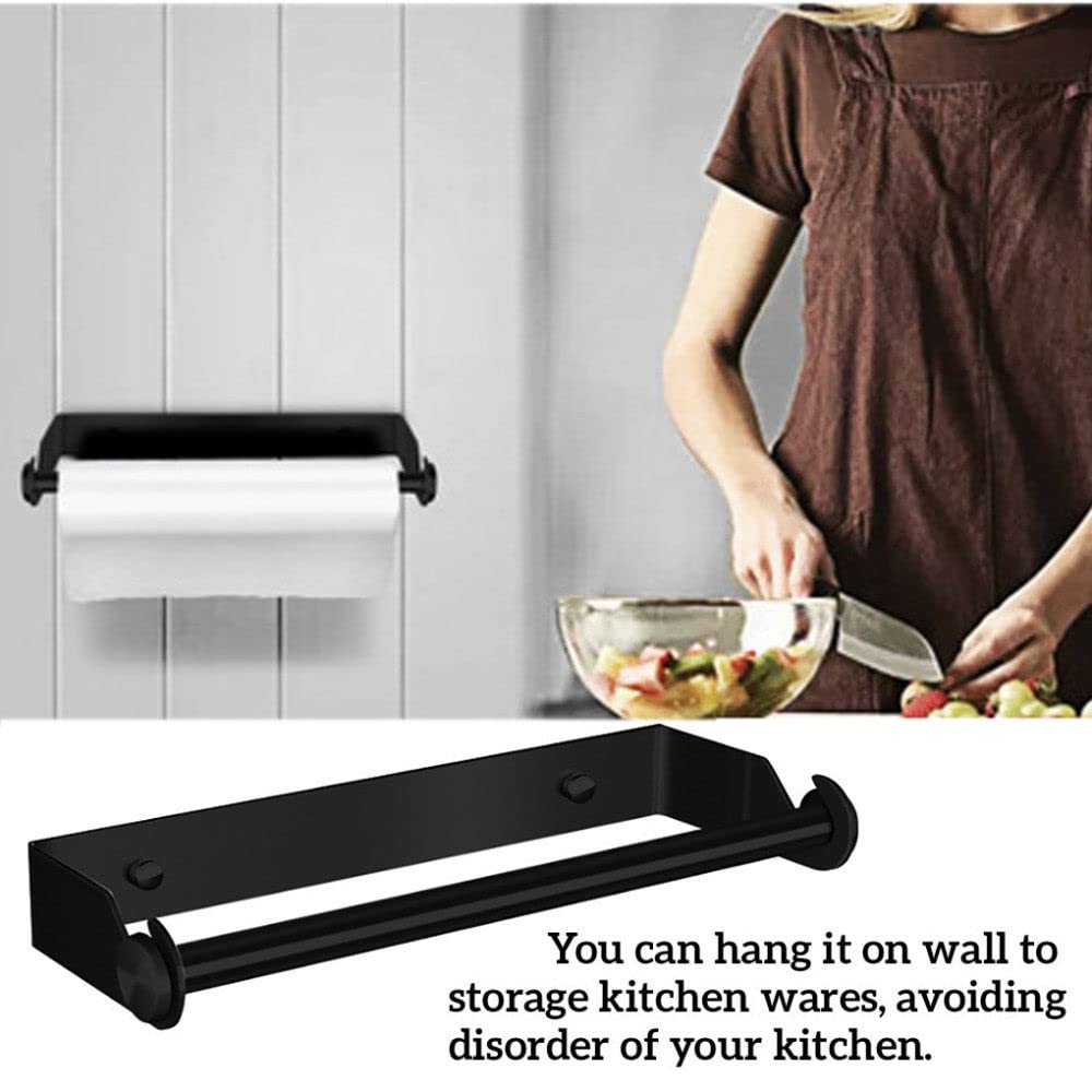 Stainless Steel Paper Towel Holder - Wall Mounted No Punch Towel Rack for Bathroom & Kitchen - Black Roll Paper Stand for Wipes & Napkins - Perfect for Home, Office & RV Use