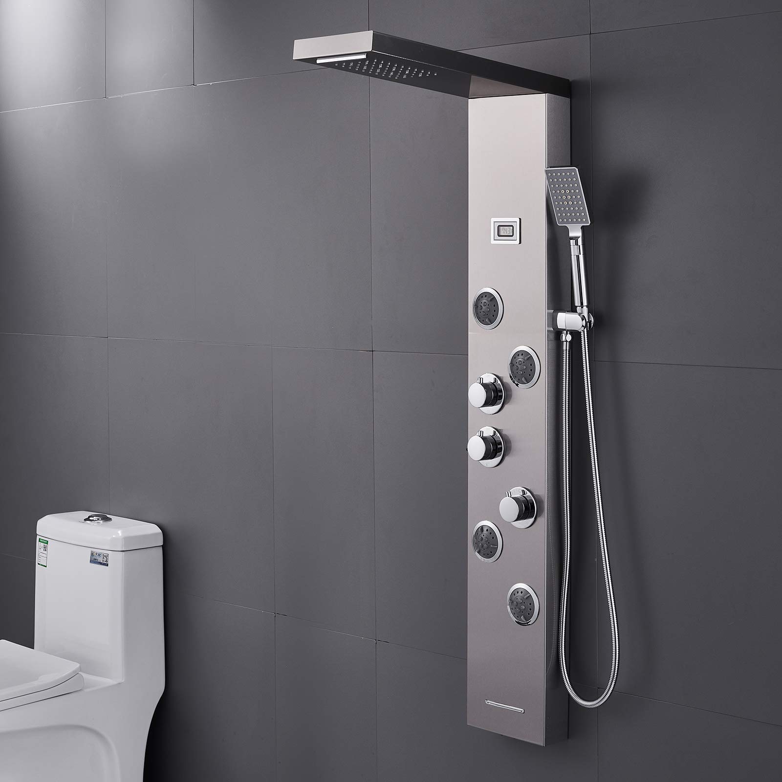 6 in 1 Stainless Steel LED Shower Panel Tower System with Rainfall Showerhead, Waterfall, Massage Jets, Tub Spout & Handheld - MENATT Brushed Finish for Luxurious Bathroom Upgrade | Perfect for Spa-Like Experience at Home