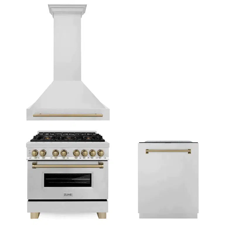 ZLINE Autograph Edition 36-inch Stainless Steel Dual Fuel Range with Range Hood & Dishwasher - Champagne Bronze Accents (3AKP RARHDWM36 CB) | Professional Kitchen Package for Home Chefs & Gourmet Cooking Enthusiasts