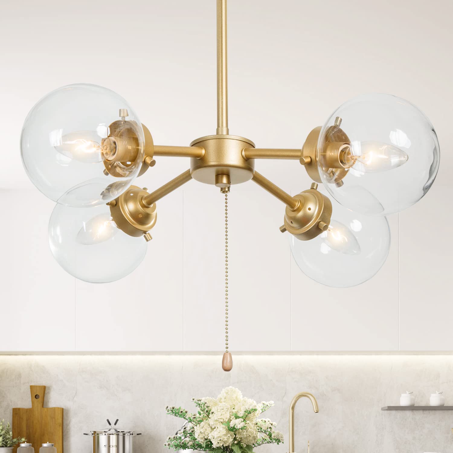KSANA Gold Chandelier with Pull Chain On/Off Switch - 2 in 1 Sputnik Chandelier & Semi Flush Mount Ceiling Light (D19.7 x H11.5) for Dining Room, Living Room & Bedroom Lighting