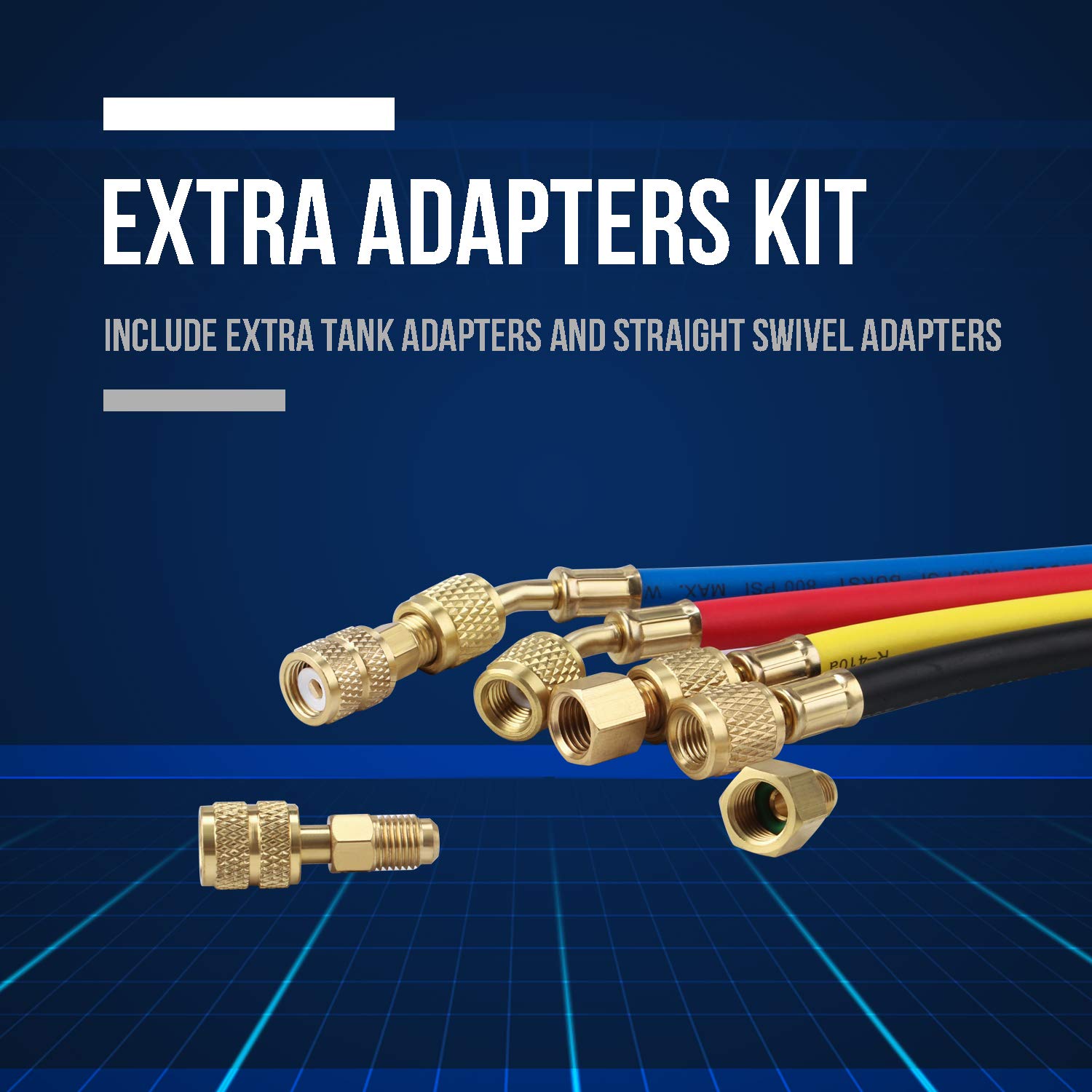 Lichamp 4-Piece 5FT AC Manifold Gauge Hose Kit with 4 AC Adapters - Compatible with R134A, R410A, R404A, R12, R22, R502, R1234YF Refrigerants - Perfect for HVAC Repair, Auto AC Service, and Refrigeration Maintenance