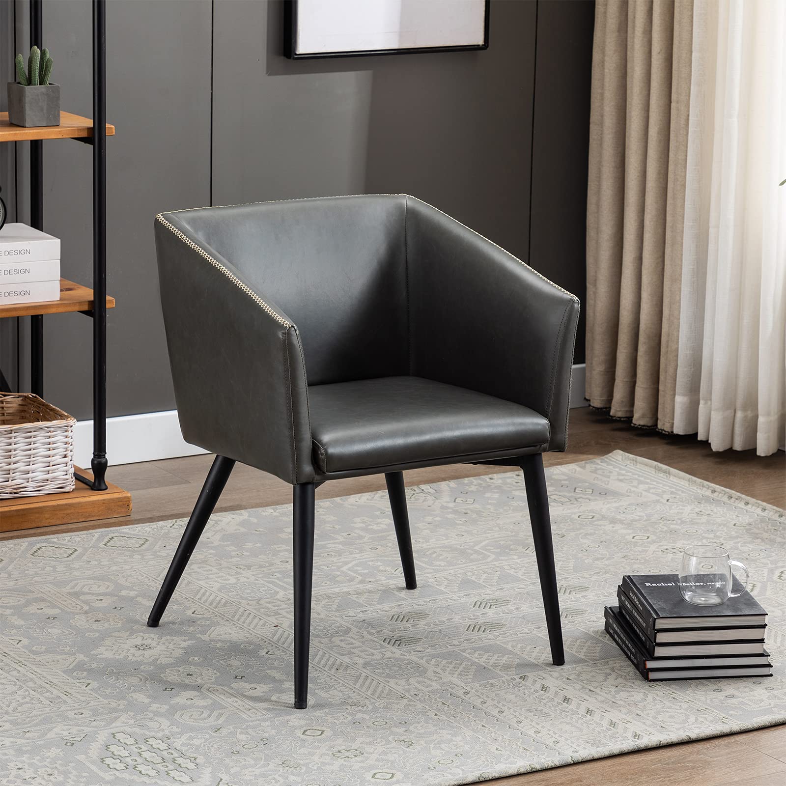 DUHOME Modern Accent Chair - PU Leather Dining Chair with Armrests, Mid Back Desk Chair for Home Office, Living Room & Kitchen - Comfortable Grey Seating for Dining, Working & Relaxing