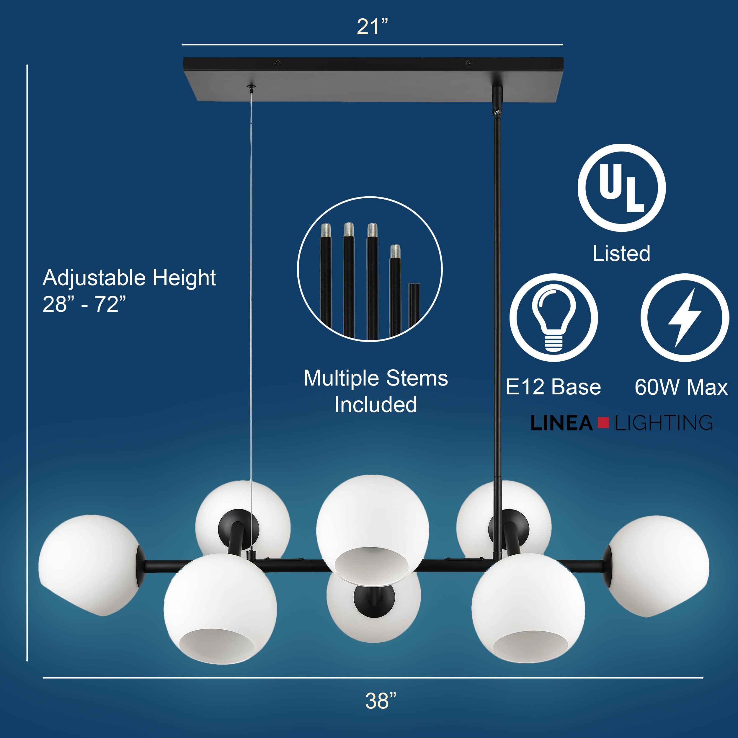 8-Light Black Modern Linear Chandelier - Rectangular Farmhouse Dining Room Light Fixture with Frosted Glass Globes - Perfect for Kitchen Islands, Dining Tables & Contemporary Spaces - UL Listed