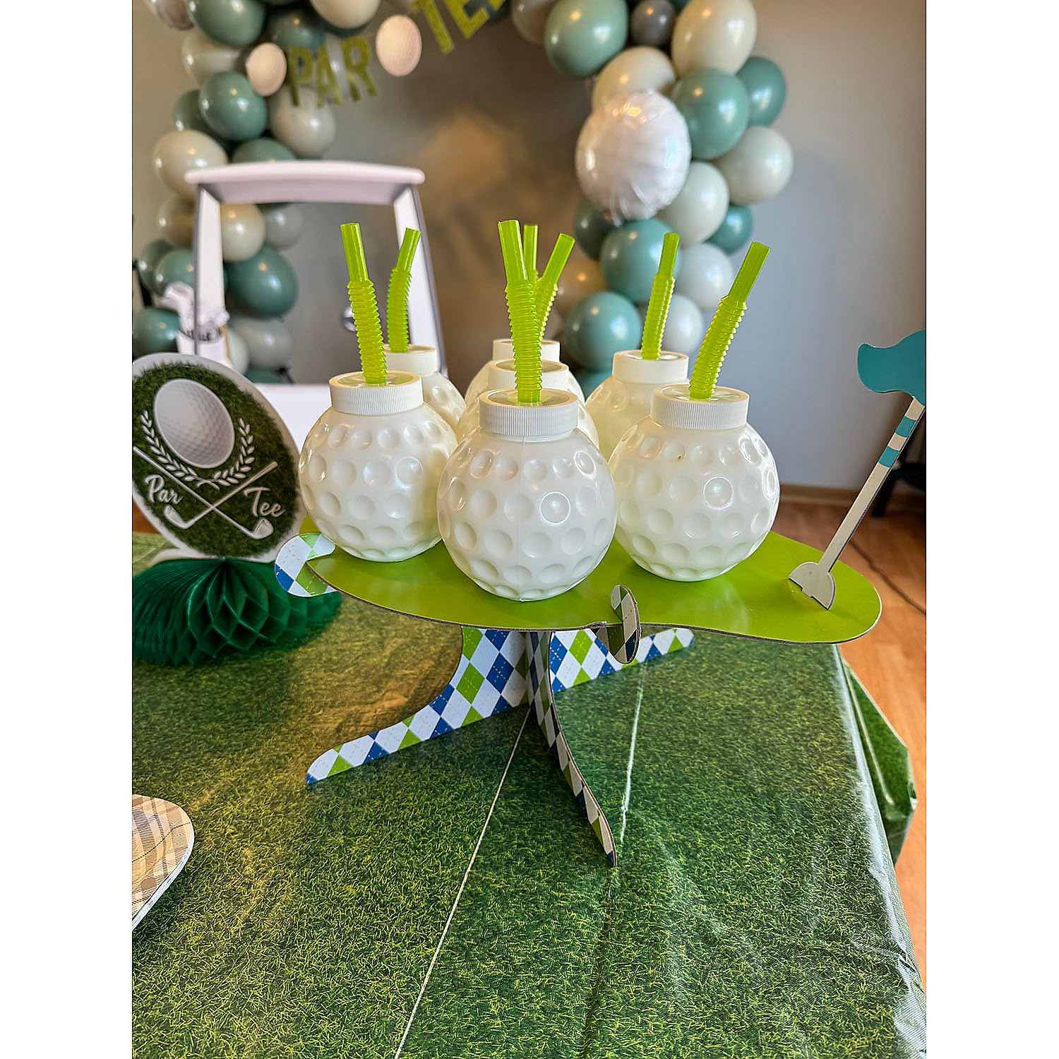 Fun Express 14 oz. BPA-Free Plastic Golf Ball Molded Reusable Cups with Lids & Straws - Set of 12 - Perfect for Golf Themed Parties, Outdoor Events, and Summer BBQs